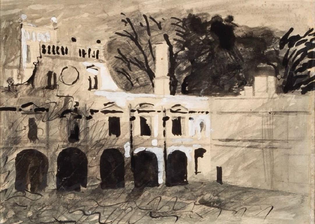 Kirby Hall, Northamptonshire, pittura a guazzo con inchiostro e lavaggio, 1940-42 circa - Painting di John Piper