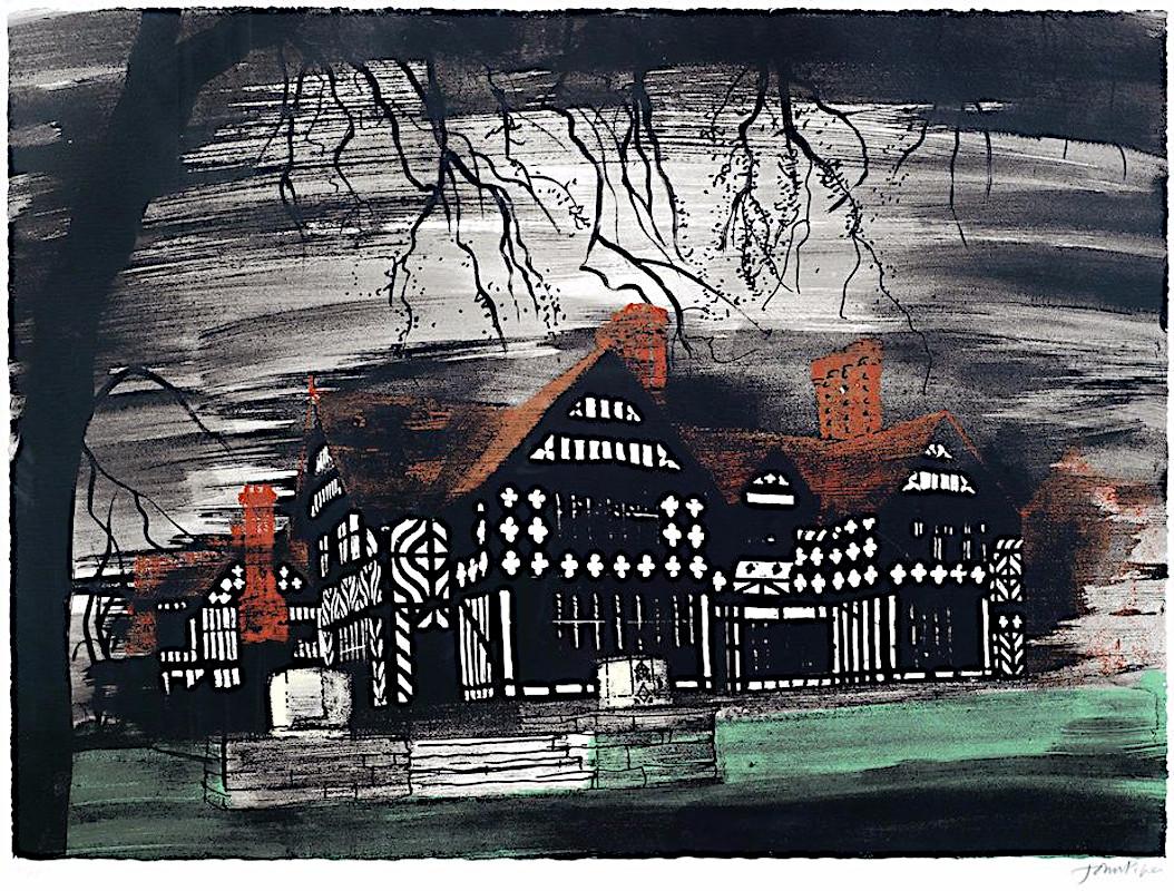 John Piper C.H. (British 1903-1992)
Wightwick Manor
(Levinson 274)
400 x 540 mm

Screenprint in colours, 1977, on Arches, signed and numbered 18/75 in pencil, printed by Kelpra Studio and published by Marlborough Graphics Ltd.

