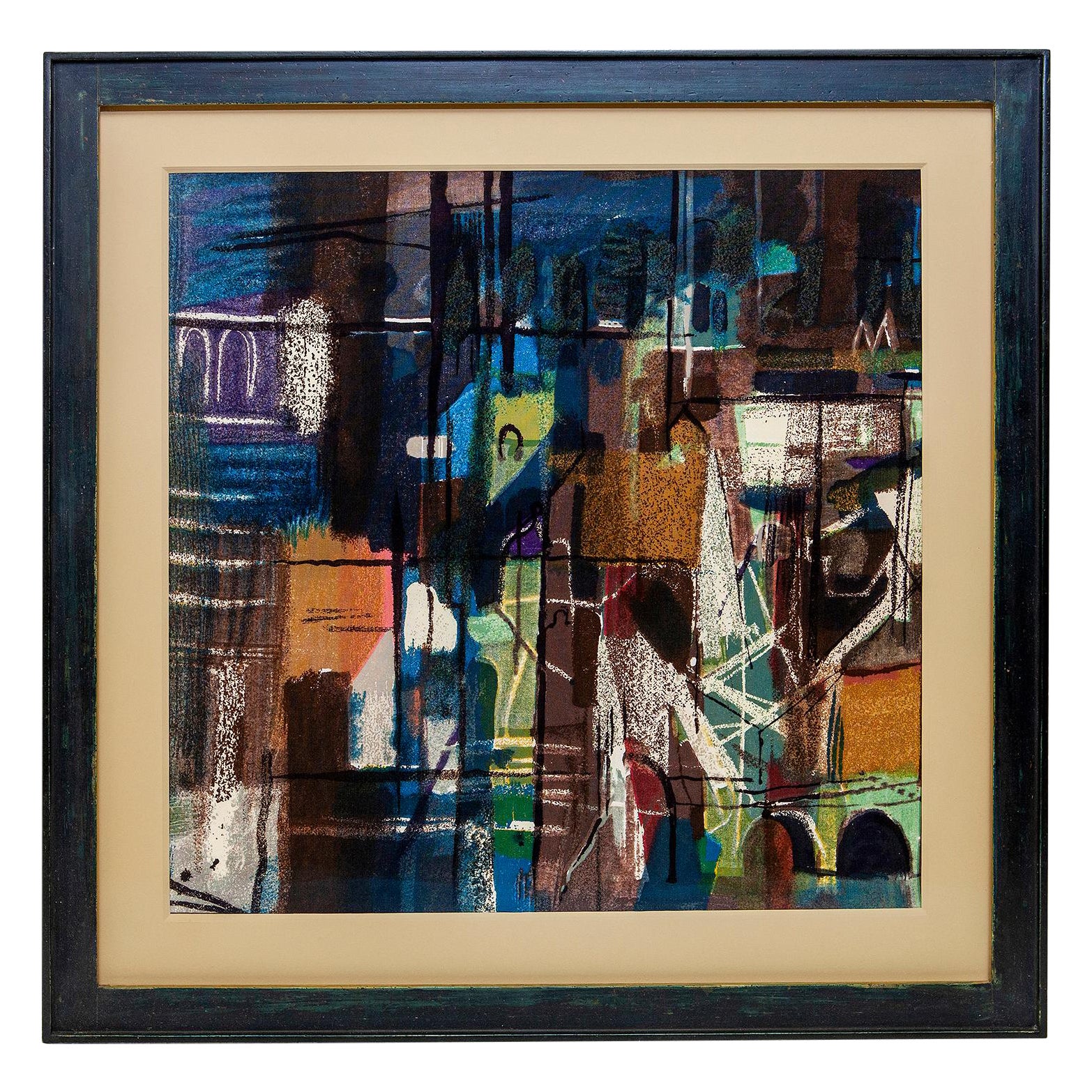 John Piper Stones of Bath Tessuto blu serigrafato Sandersons 1962 Astratto