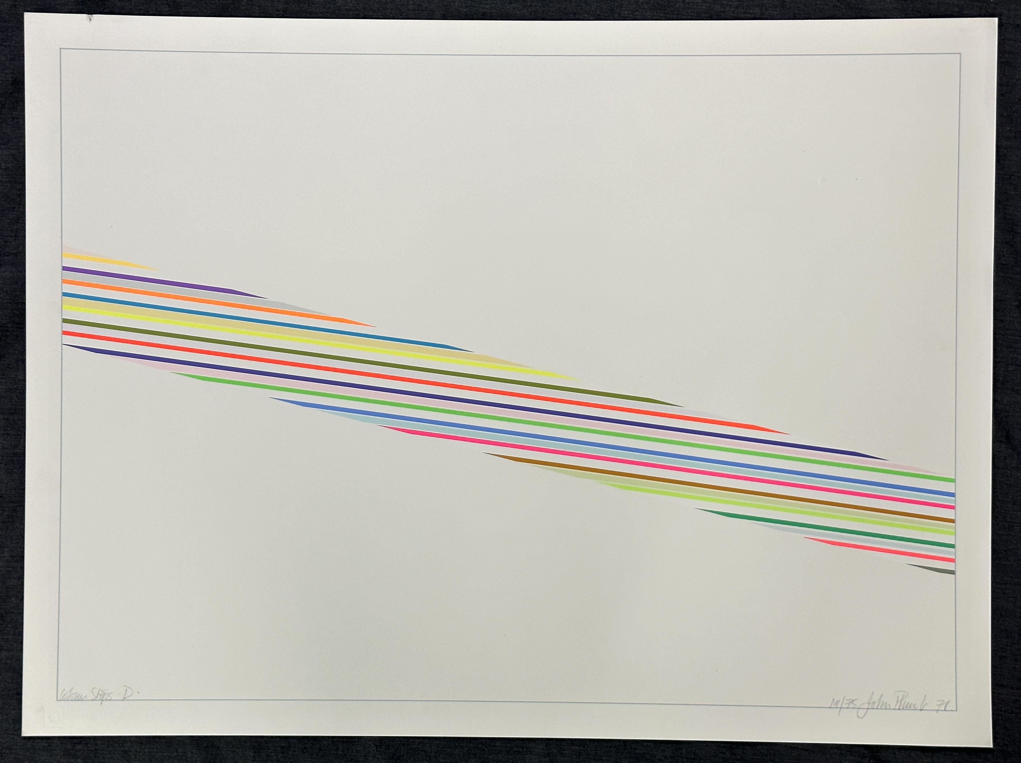 John Plumb
'Colour Step D' 
1971
Medium Type: Screen Print
Size-Width  Size-Height: 22'' x 30''
Signed  
Edition Size: Signed in pencil, titled and marked  19/75

John Plumb is one of the leading abstract painters of our time. His work can be found