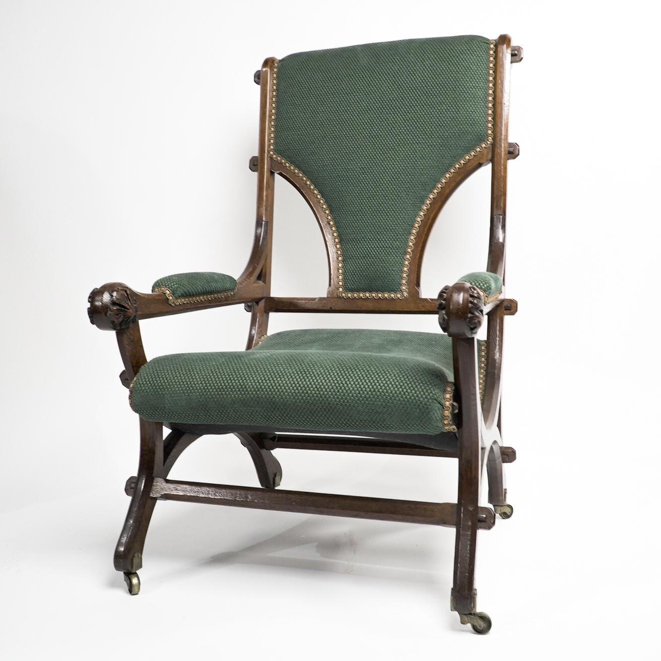 English John Pollard Seddon Gothic Revival oak armchair with through pegged tenon joints For Sale