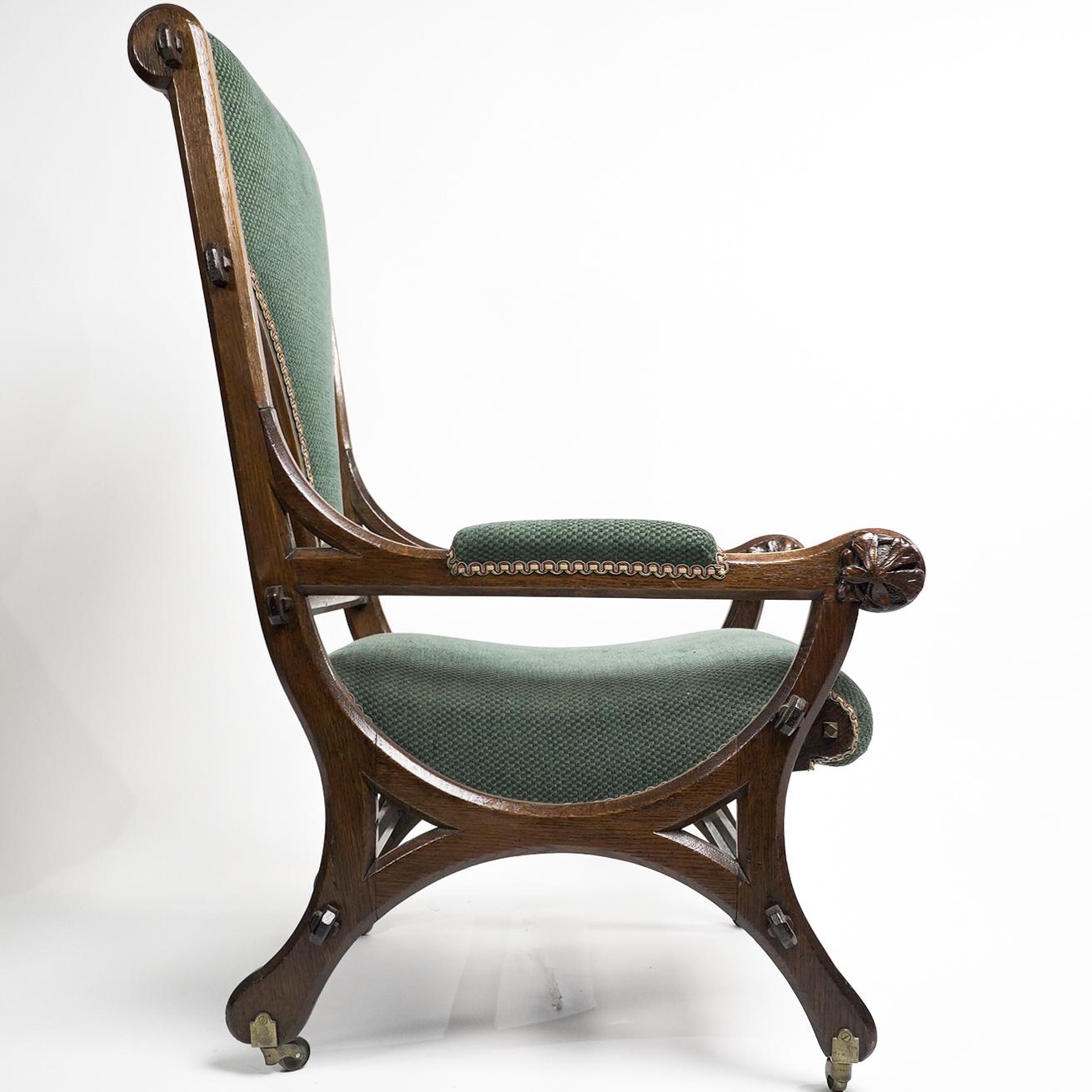 John Pollard Seddon Gothic Revival oak armchair with through pegged tenon joints In Good Condition For Sale In London, GB