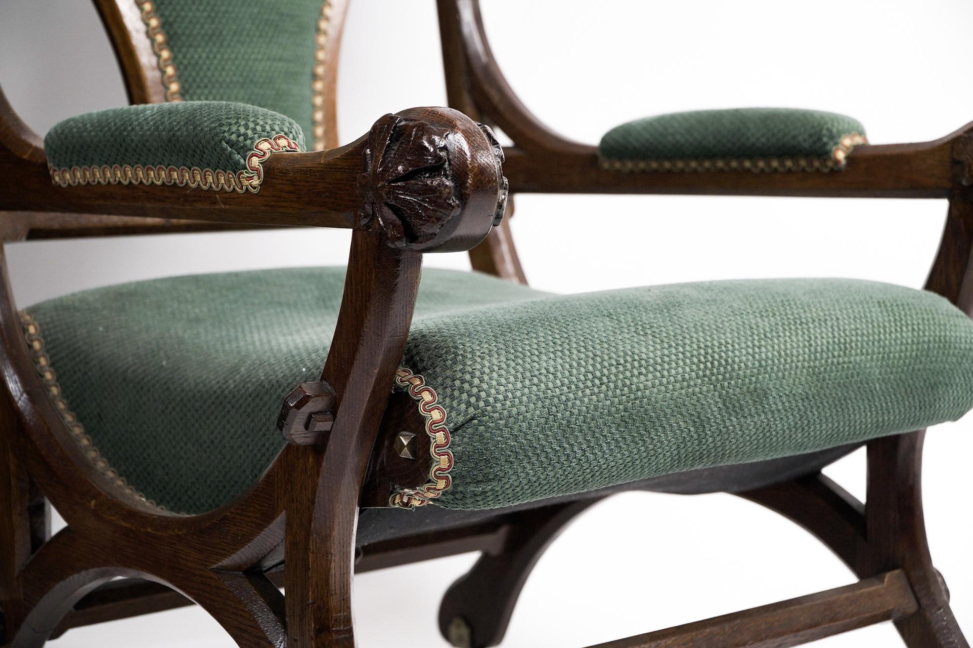 Late 19th Century John Pollard Seddon Gothic Revival oak armchair with through pegged tenon joints For Sale