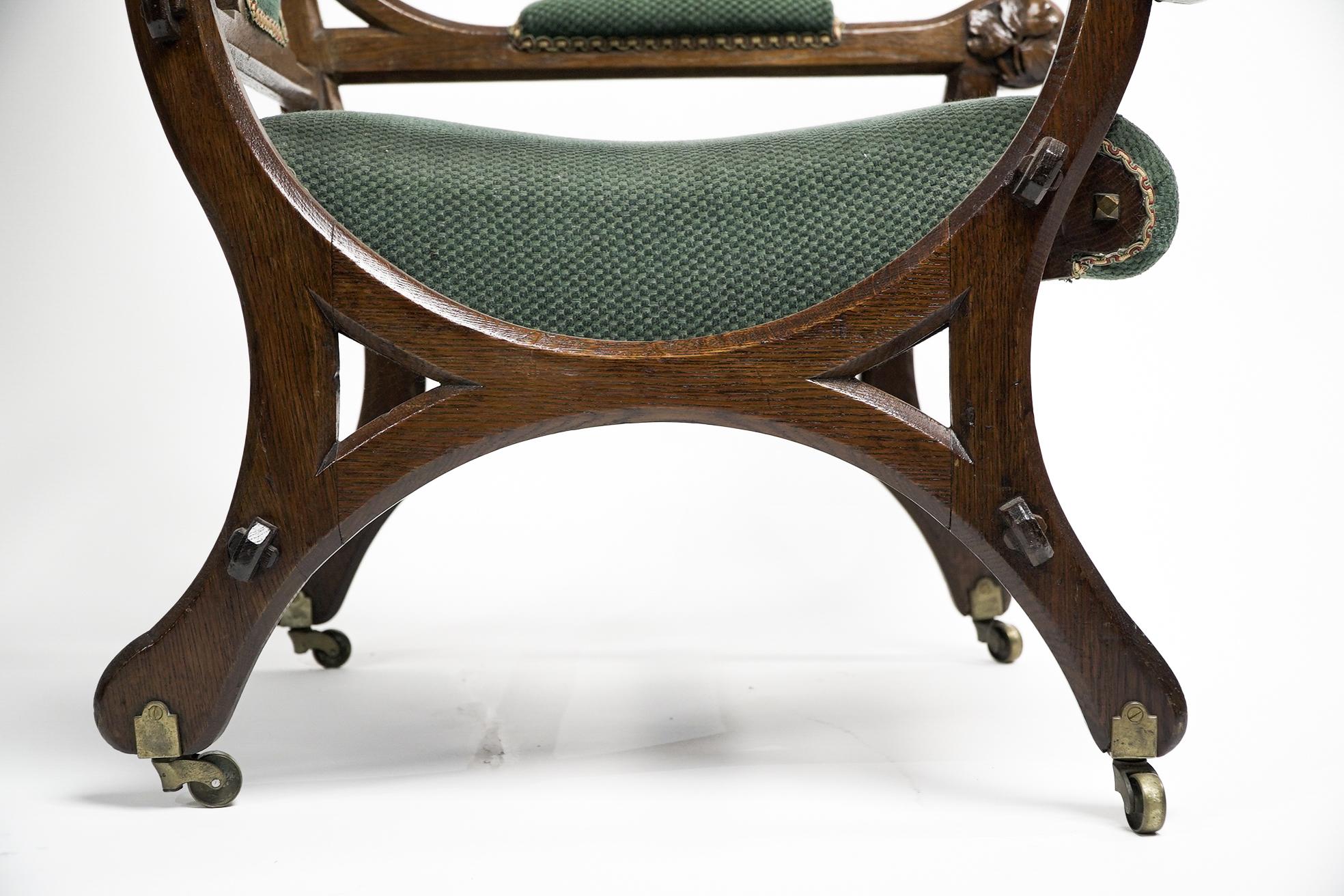 Oak John Pollard Seddon Gothic Revival oak armchair with through pegged tenon joints For Sale