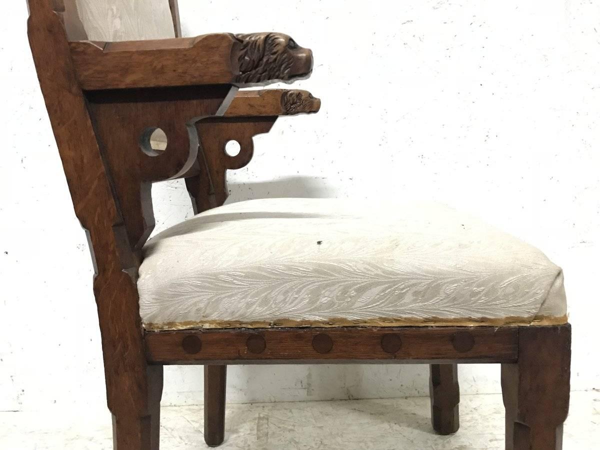 John Pollard Seddon A Rare Gothic Oak Armchair with Carved Dog Heads to the Arms For Sale 3