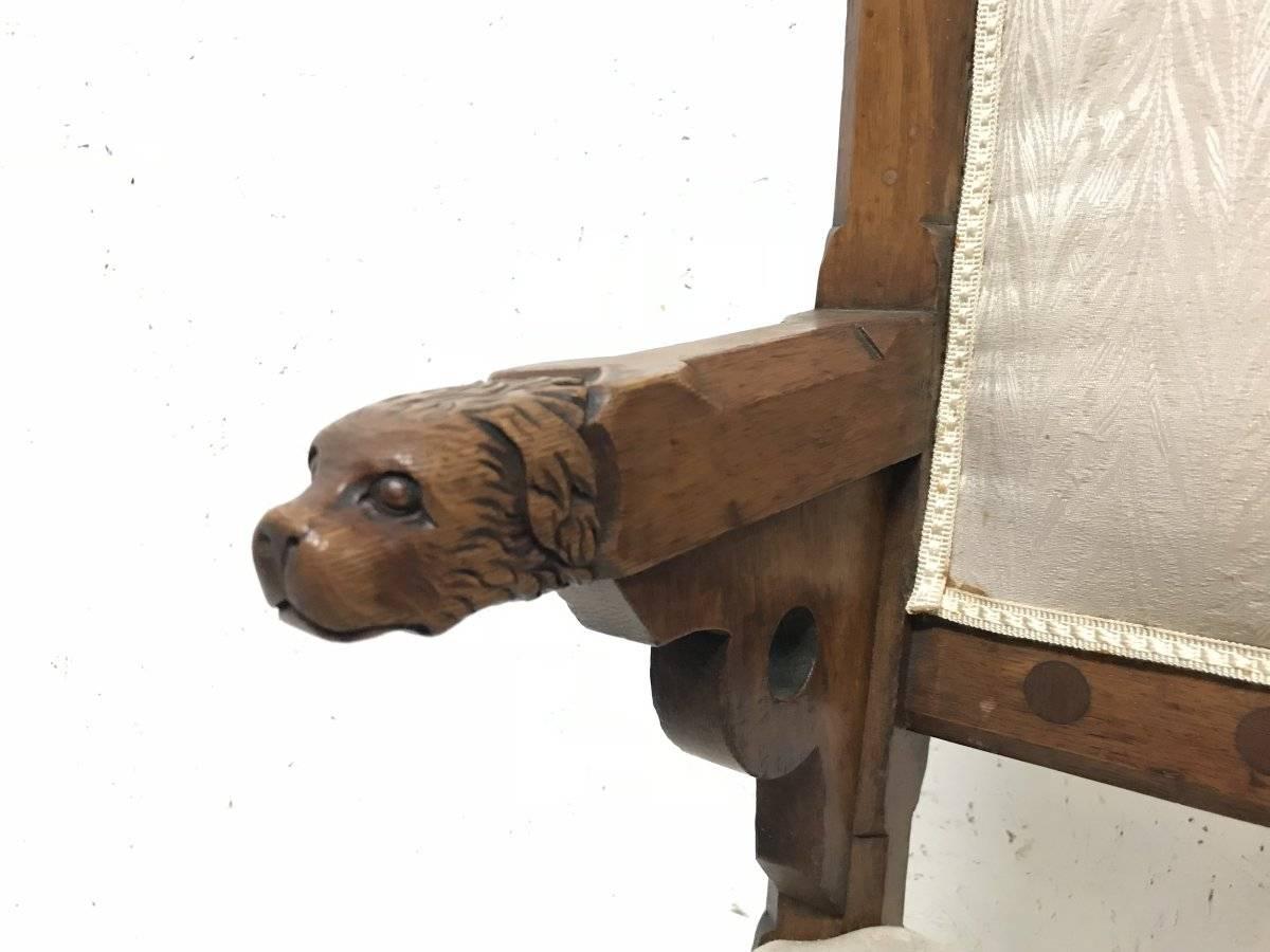 John Pollard Seddon A Rare Gothic Oak Armchair with Carved Dog Heads to the Arms For Sale 6