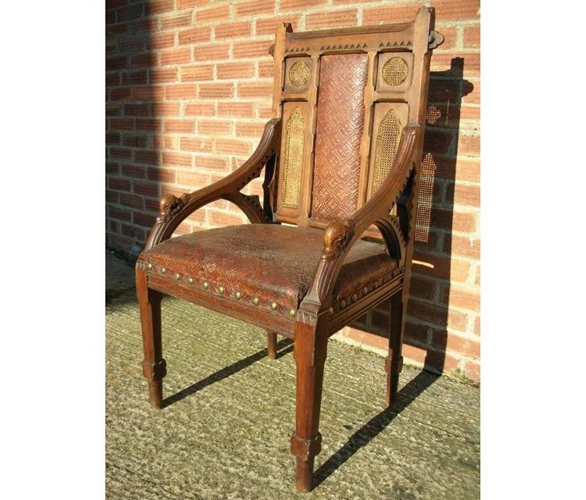 John Pollard Seddon A Rare Gothic Oak Armchair with Carved Dog Heads to the Arms For Sale 13