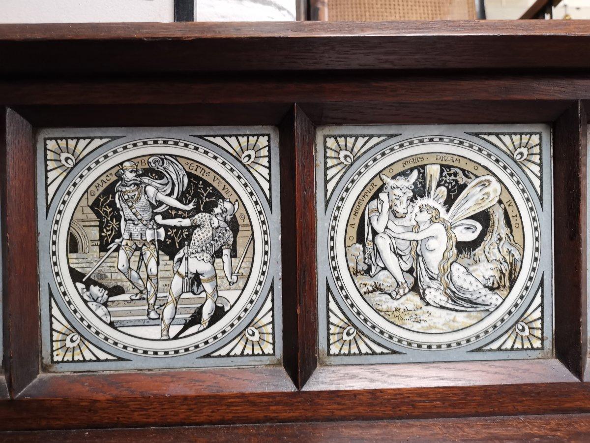 English John Pollard Seddon attr, Gothic Revival Oak Sideboard, Minton Shakespeare Tiles
