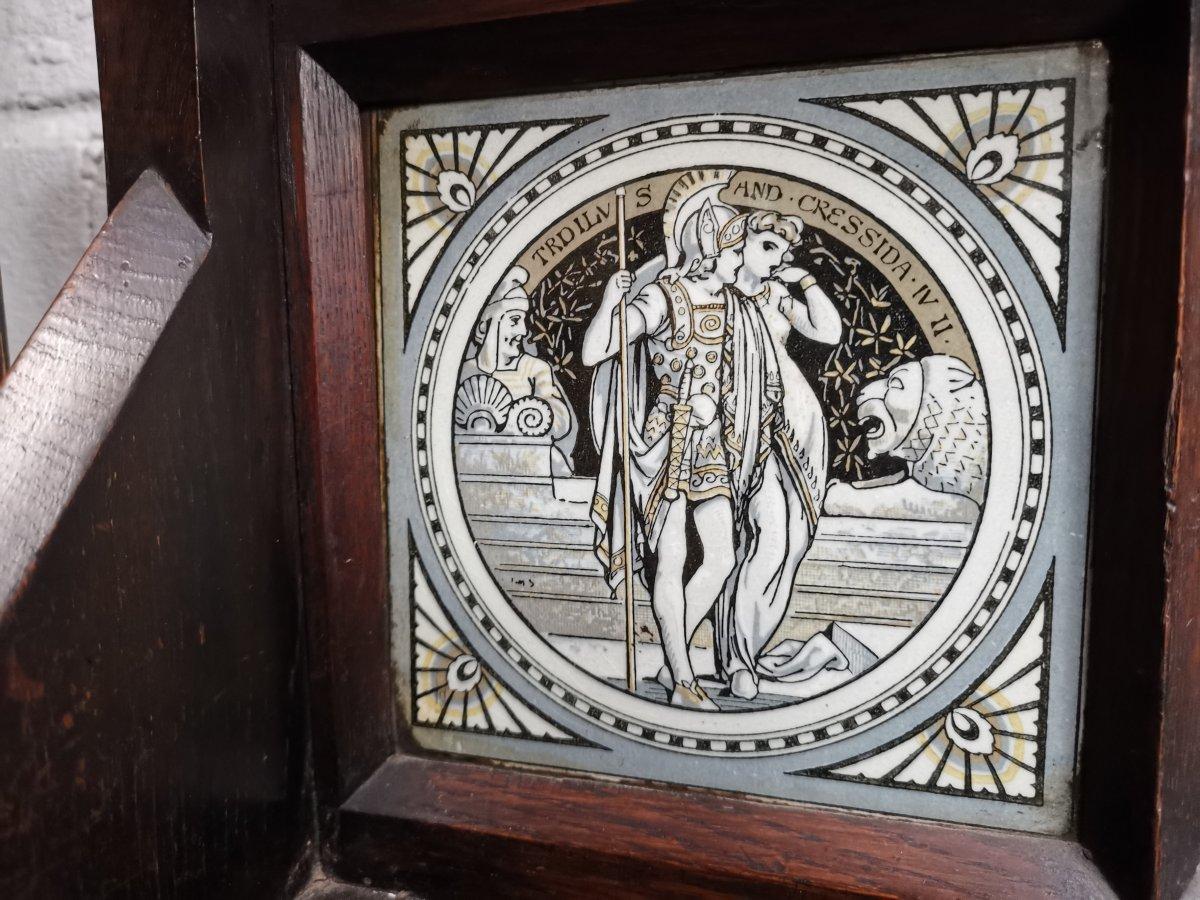 John Pollard Seddon attr, Gothic Revival Oak Sideboard, Minton Shakespeare Tiles In Good Condition In London, GB