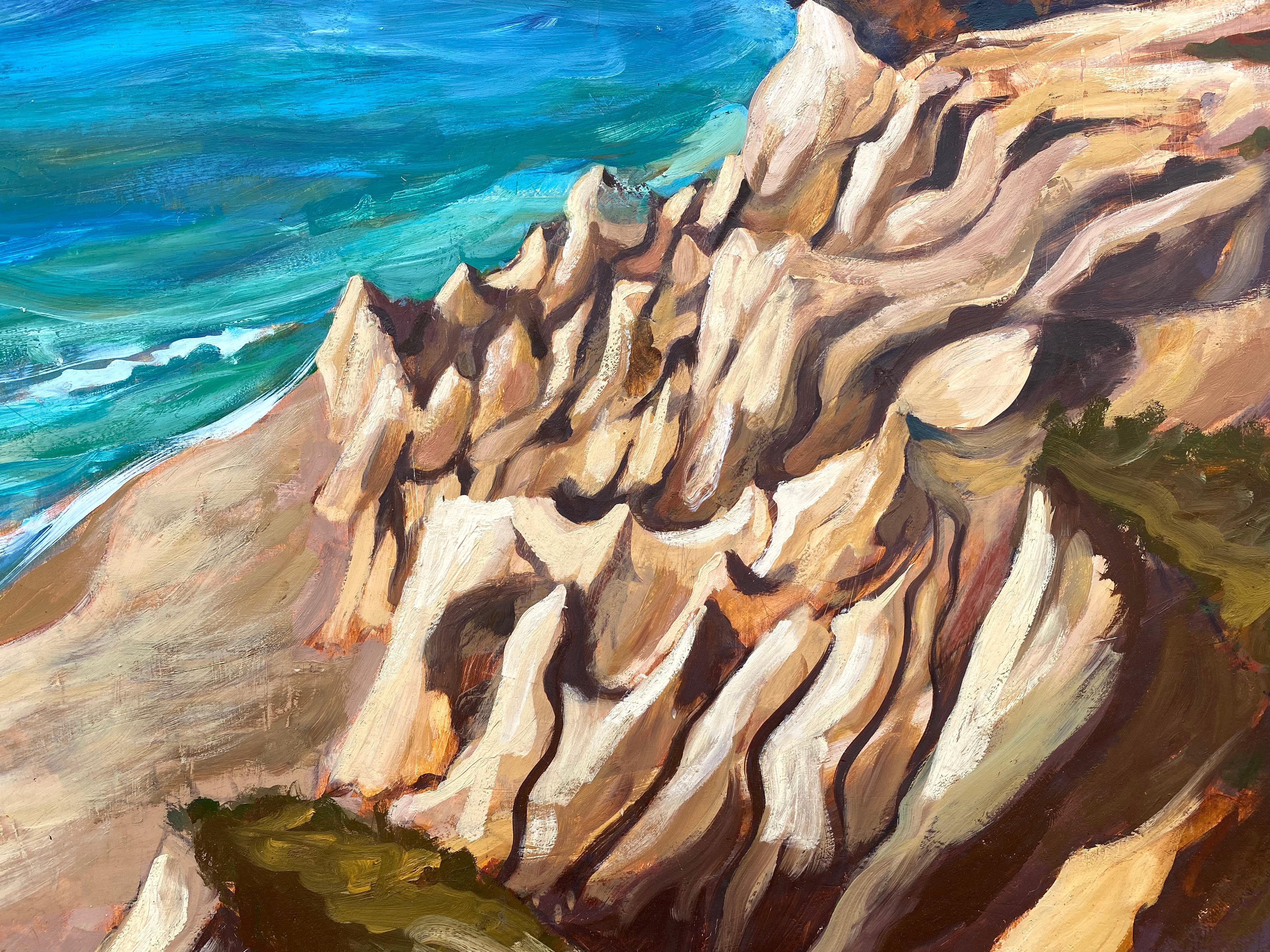 Original Iconic oil on canvas painting of the cliffs of Montauk, Long Island by Montauk artist, John Pomianowski. Signed lower left and dated 1999.  
The painting is housed in a custom yellow pine gallery shadow box frame in fine condition. The