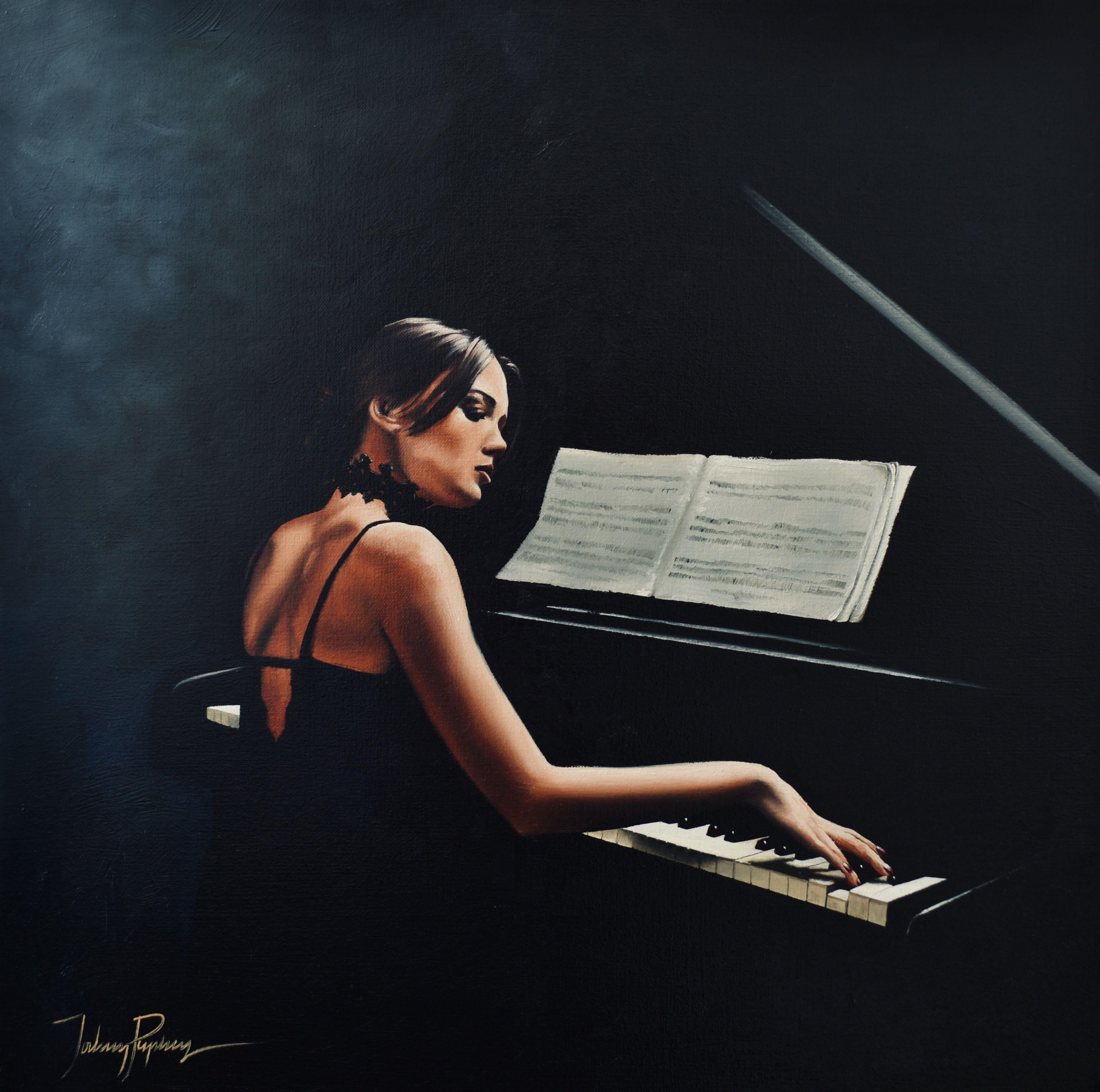 A woman plays a melodic lament on a piano. Her solo performance controls the mood of those listening, a sort of puppet-master. Painted on a fine textured, professionally stretched linen canvas, using Old Holland and Michael Harding artist's quality
