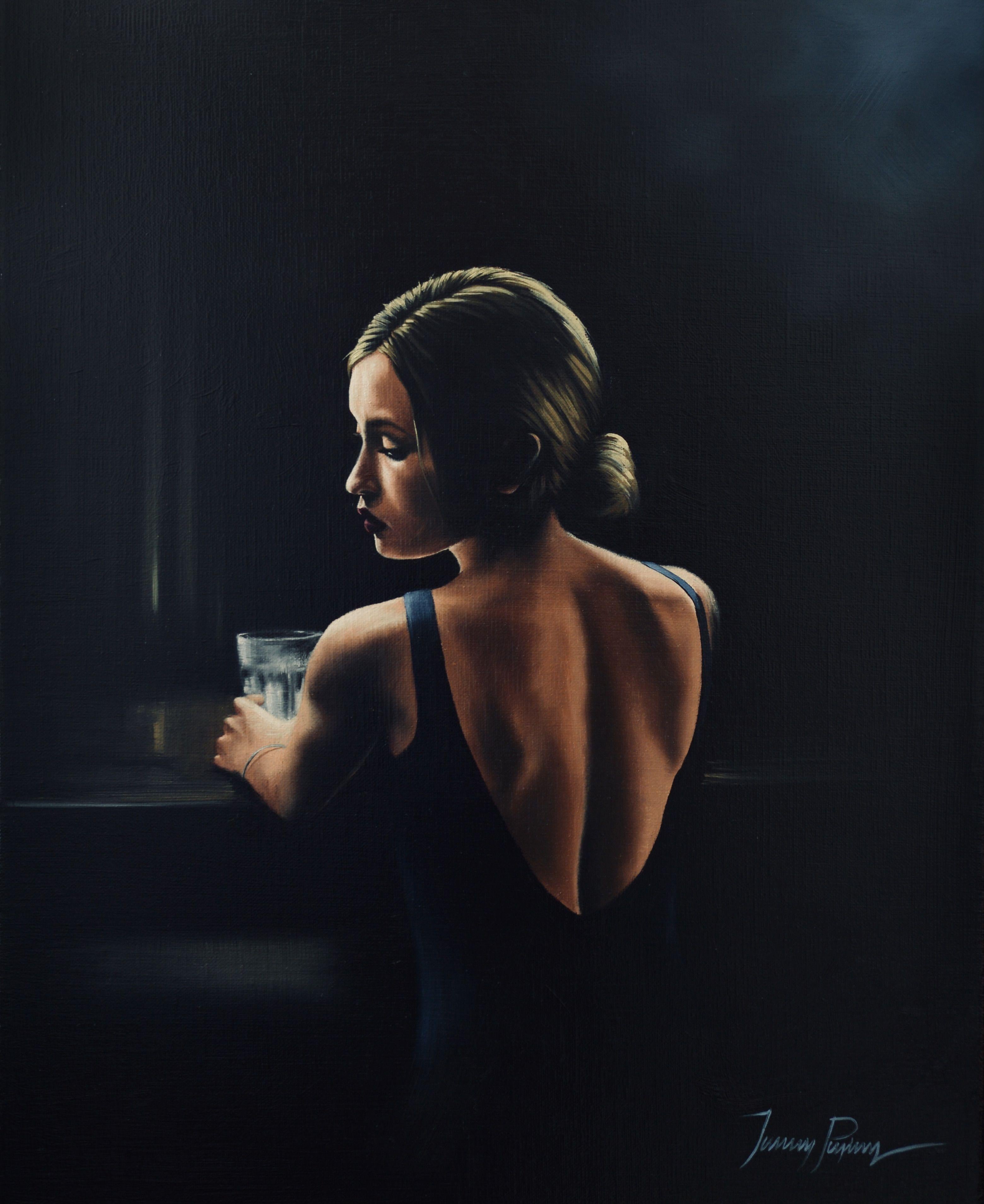 A woman stands alone at a bar, cradling a drink. Her expression is muted and sad, she has been 'stood up' ot jilted perhaps. Painted on a fine textured, professionally stretched linen canvas, using Old Holland and Michael Harding artist's quality