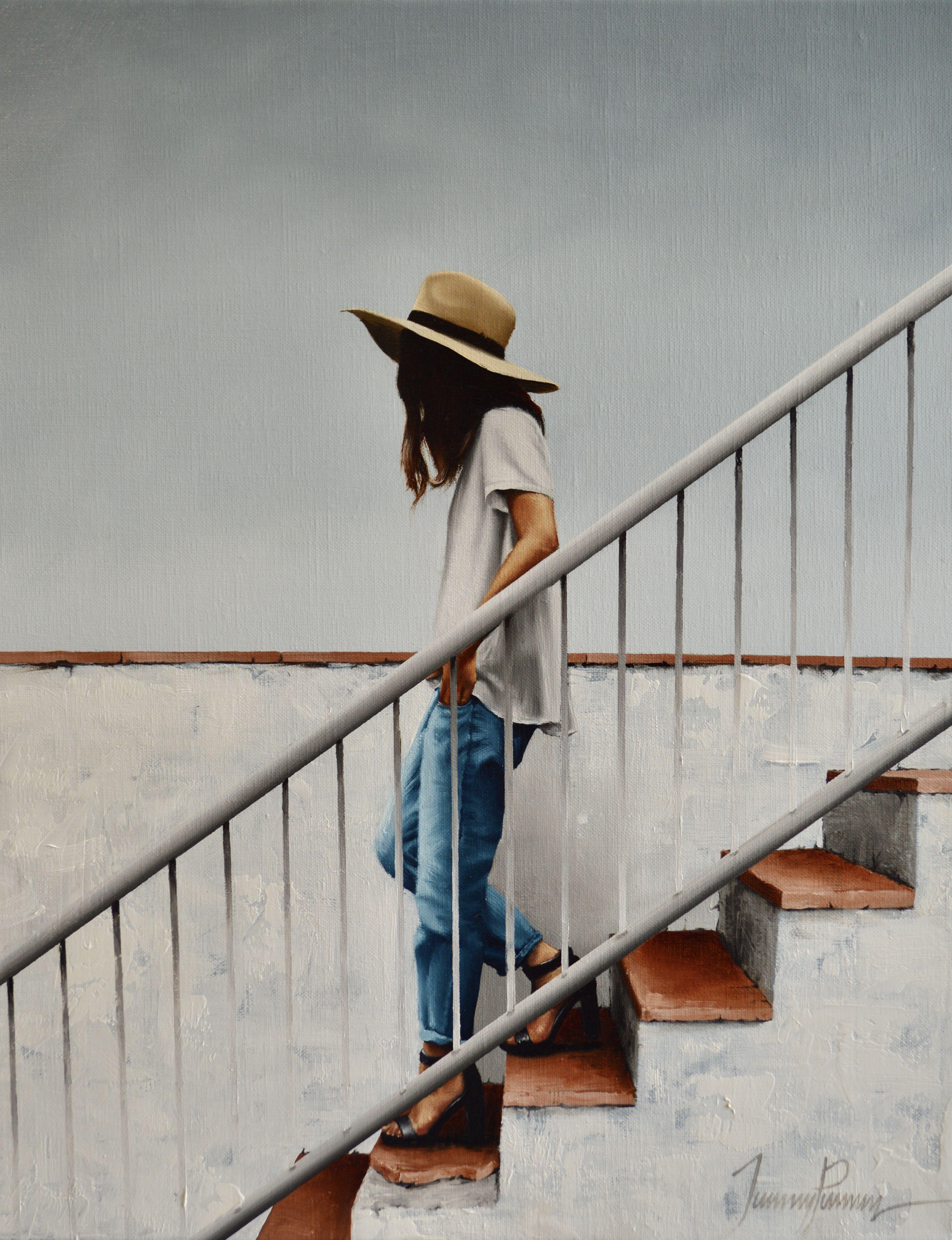 A woman in profile, descending a flight of steps from the promenade of a beach, unseen to the viewer. Painted on a fine textured, professionally stretched linen canvas, using Old Holland and Michael Harding artist's quality oils and mediums and