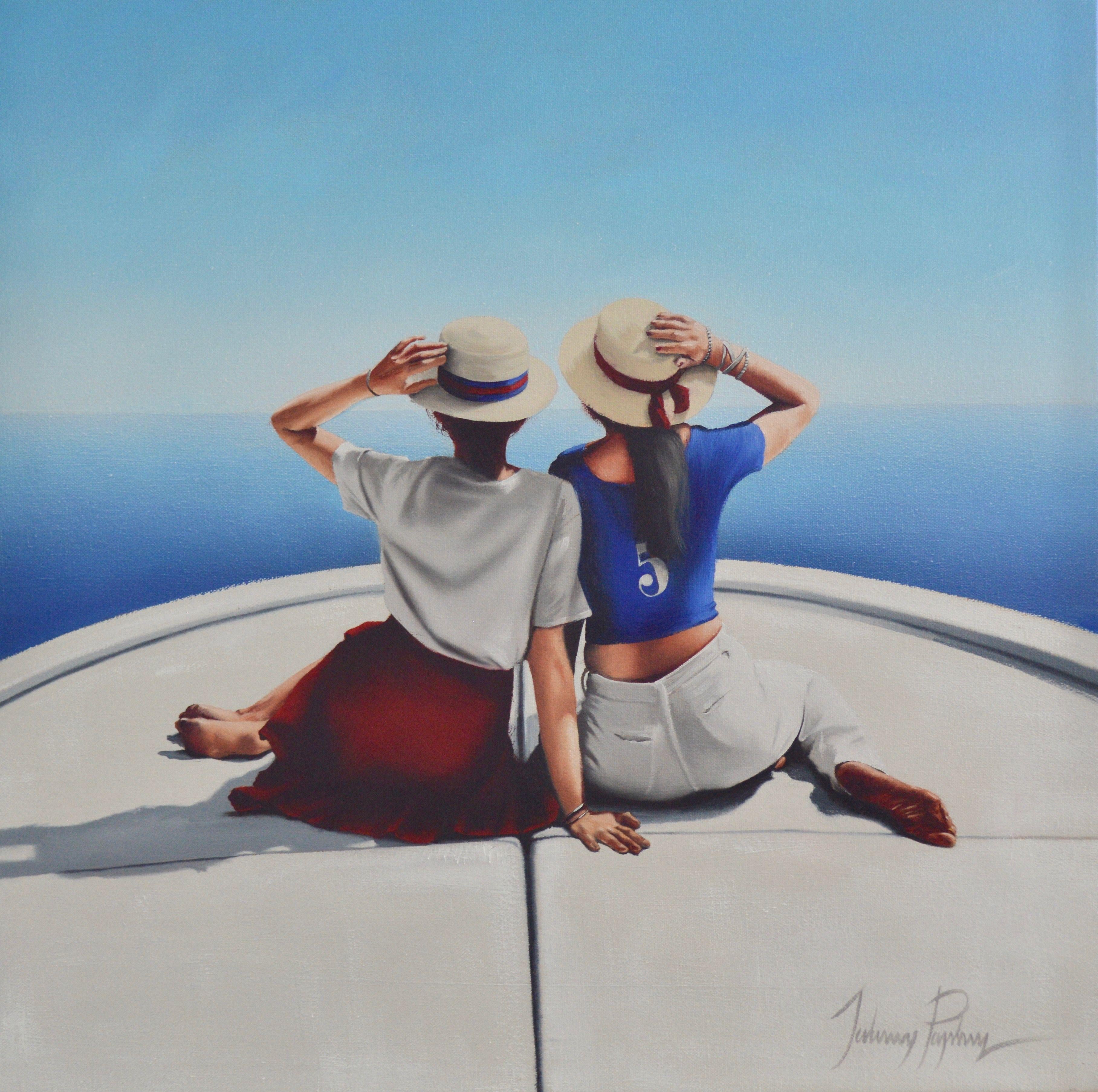 Two young women sit on the bow of a small boat. Painted on a fine textured, professionally stretched canvas, using Michael Harding artist quality oils and mediums and finished with a light satin varnish.     :: Painting :: Realism :: This piece