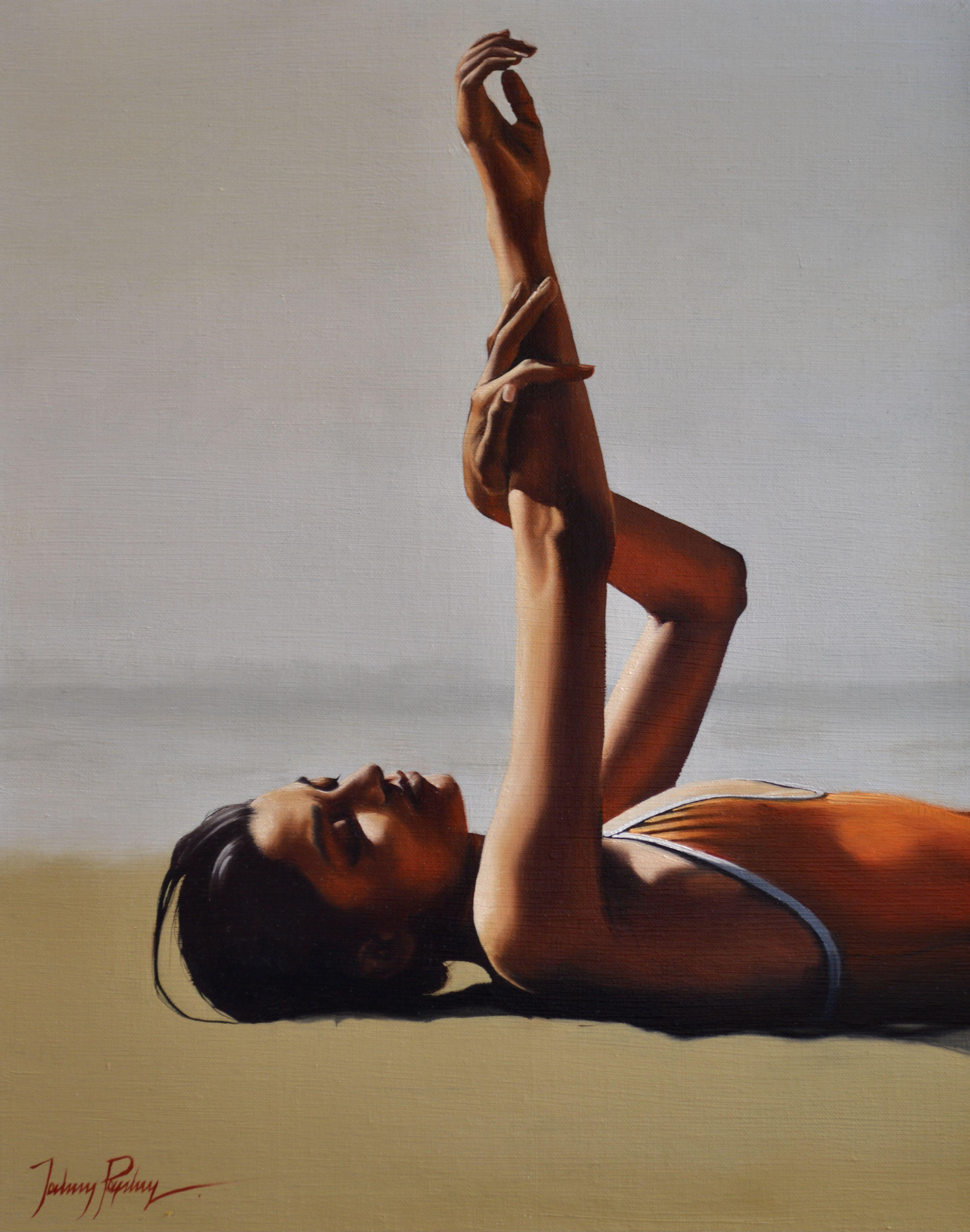 A woman sunbathes, her arms extended aloft. Painted on a fine textured, professionally stretched linen canvas, using Old Holland and Michael Harding artist's quality oils and mediums and finished with a light satin varnish. :: Painting ::