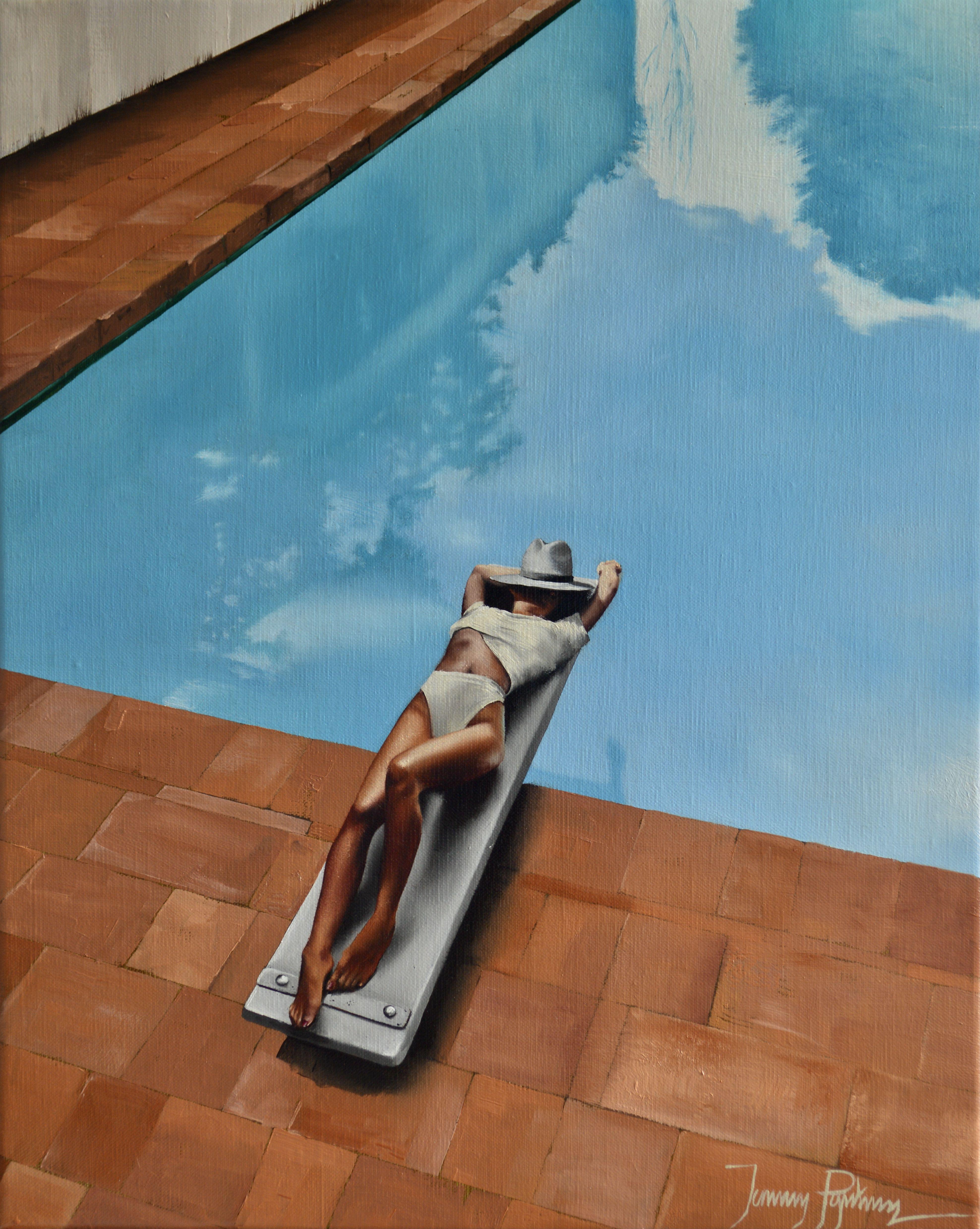A woman is viewed from a top-down perspective, reclining on the jumping board of a small swimming pool. She is framed by terracotta tiles that contrast starkly with the blue hues of the water. Painted on a fine textured, professionally stretched