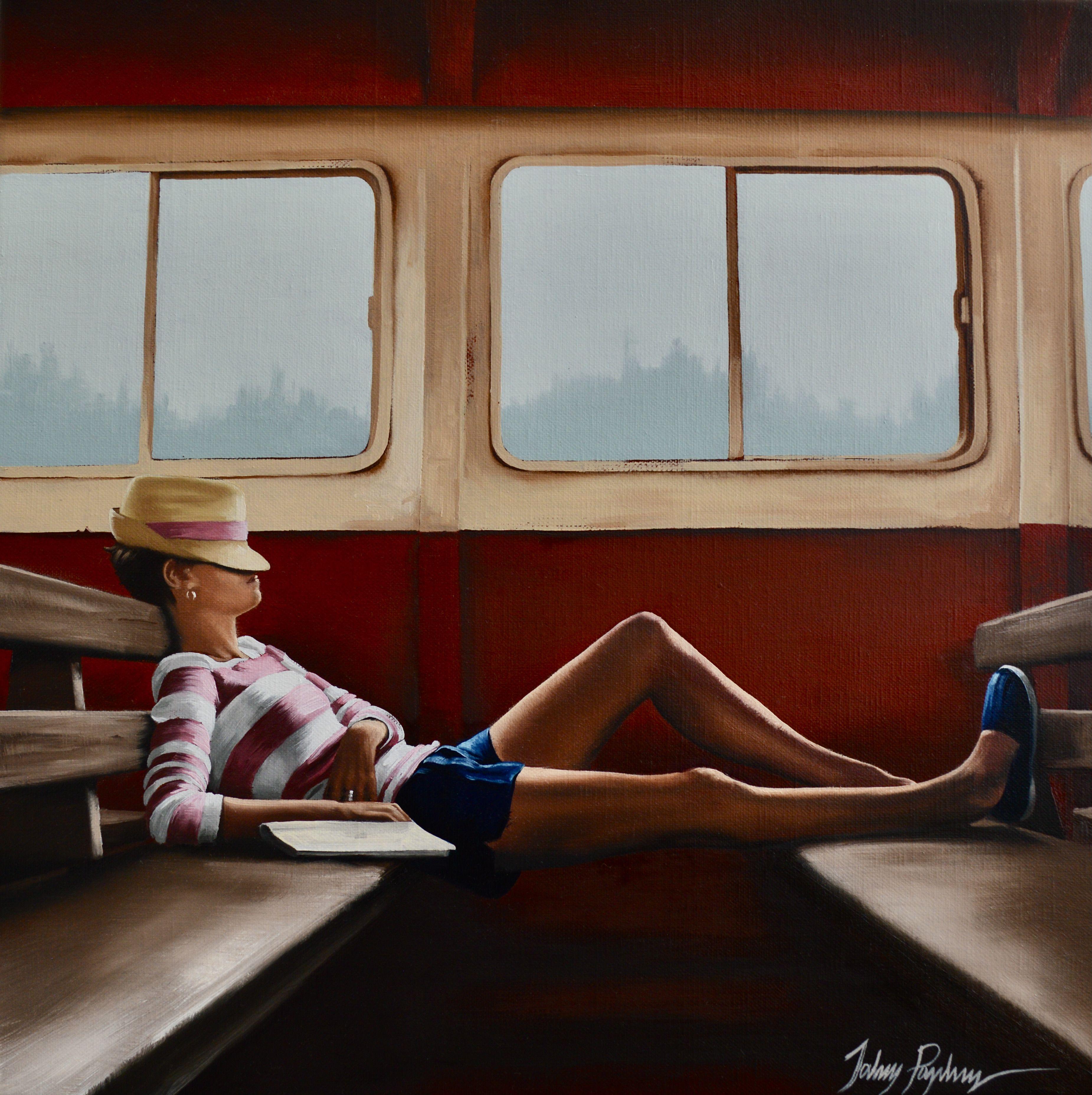 A young woman reclines precariously between to opposing benches during a trans continental train journey. Many of us, in our youth, will have enjoyed travelling widely, often on an inadequate budget, and nearly always in some discomfort. Painted on