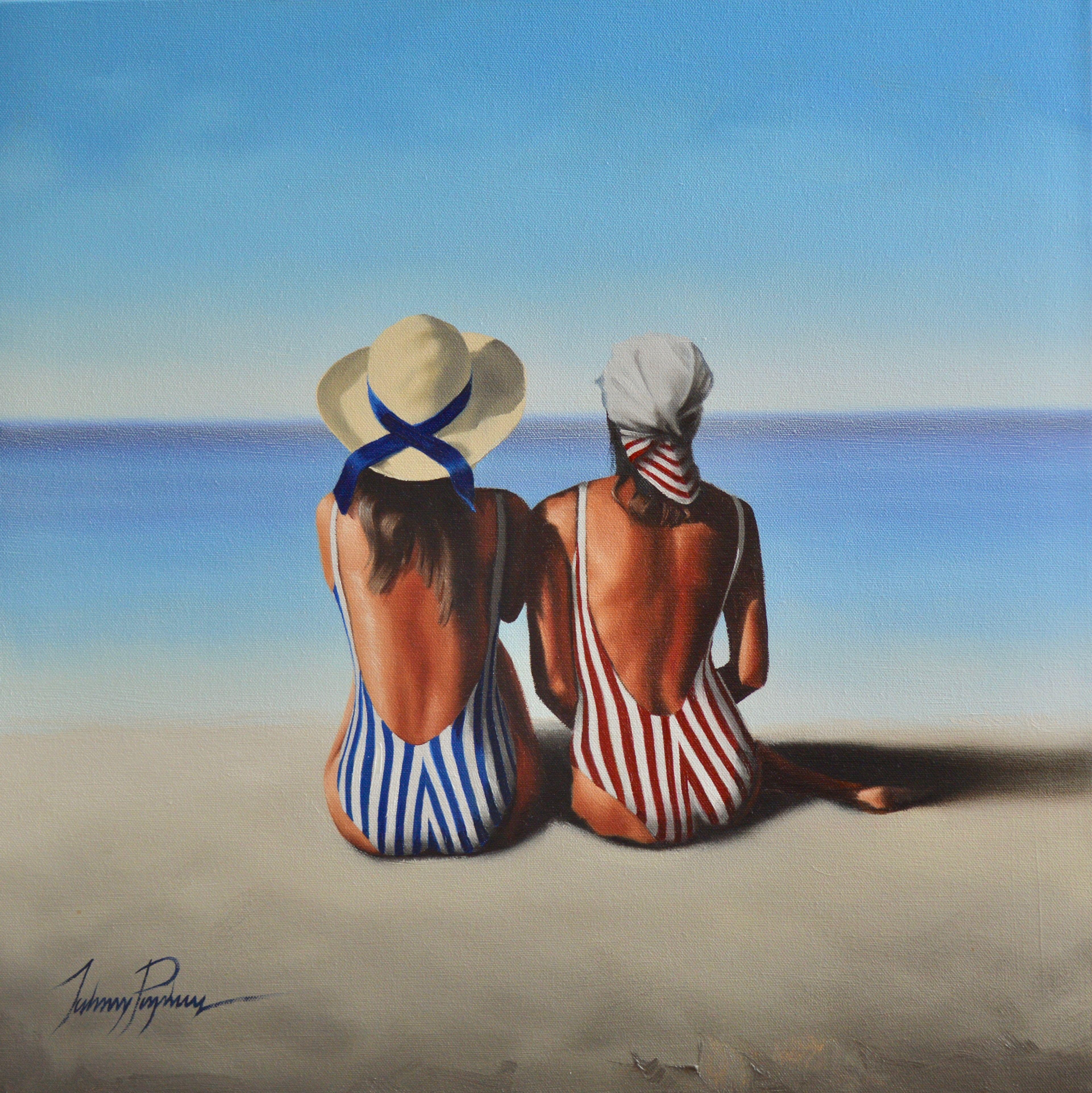 Two bathers sit on a beach, similarly dressed, perhaps an awkward accident or maybe a deliberate act. Painted on a fine textured, professionally stretched canvas, using Michael Harding artist quality oils and mediums and finished with a light satin