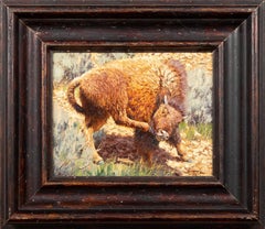 Vintage Itching for Spring, Bison Wildlife Oil Painting on Canvas, Native American Art