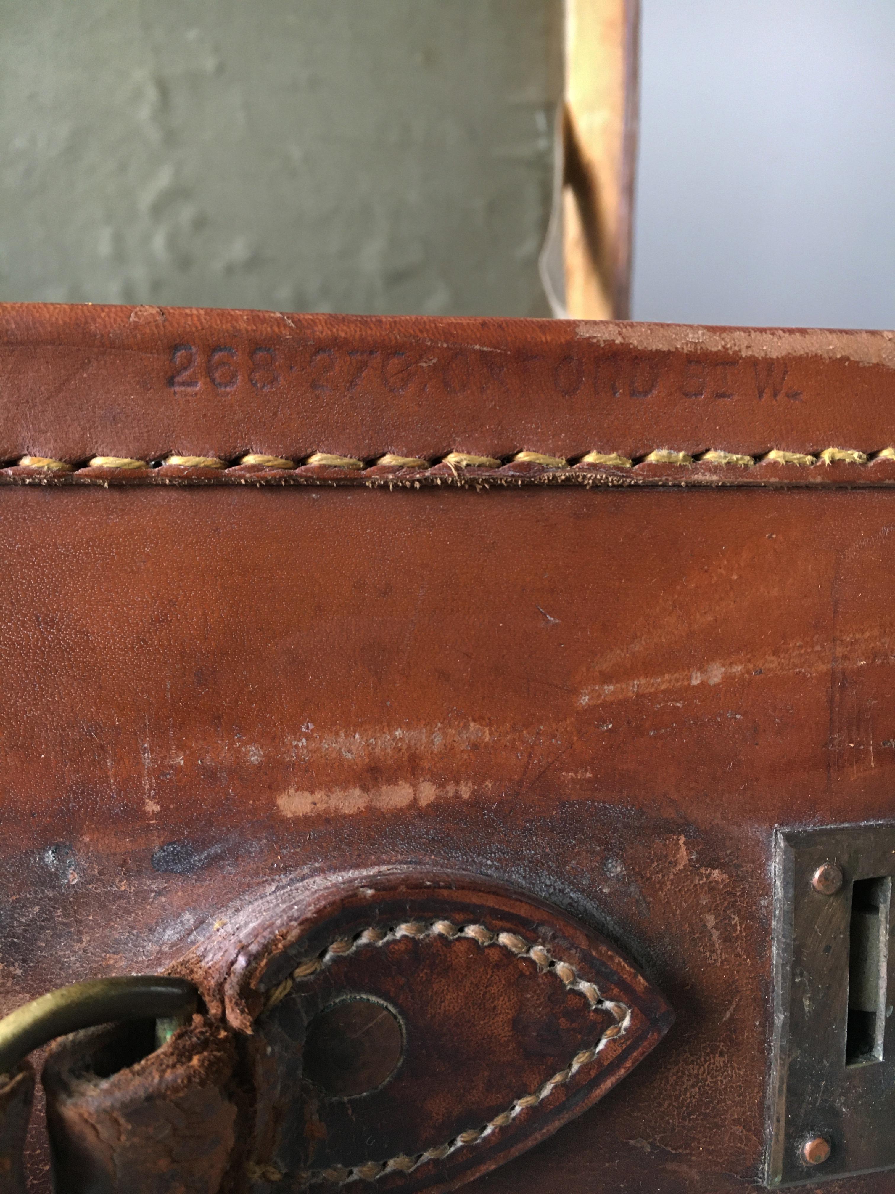 Brass John Pound London Patinated Leather Luggage, England, 1920s