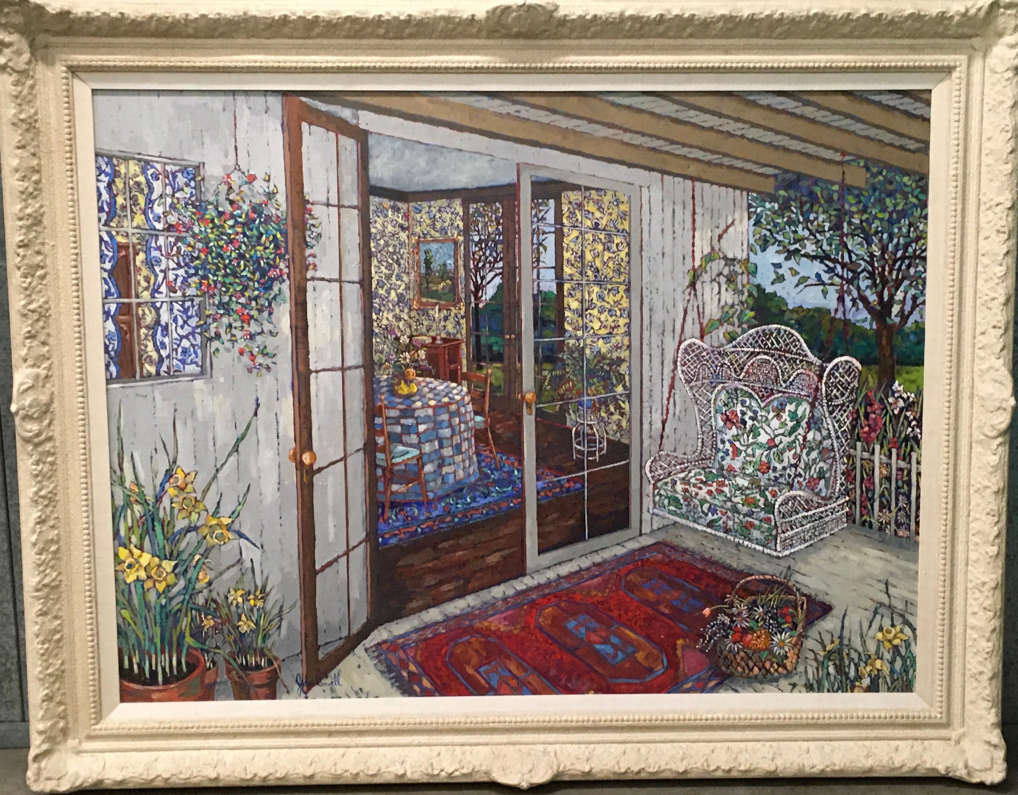 Daffodils & Colorful Flowers Wicker Porch Swing and Maine Landscape 1970s oil/c - Painting by John Powell