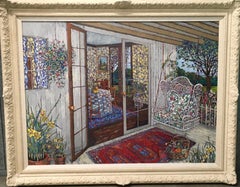 Daffodils & Colorful Flowers Wicker Porch Swing and Maine Landscape 1970s oil/c