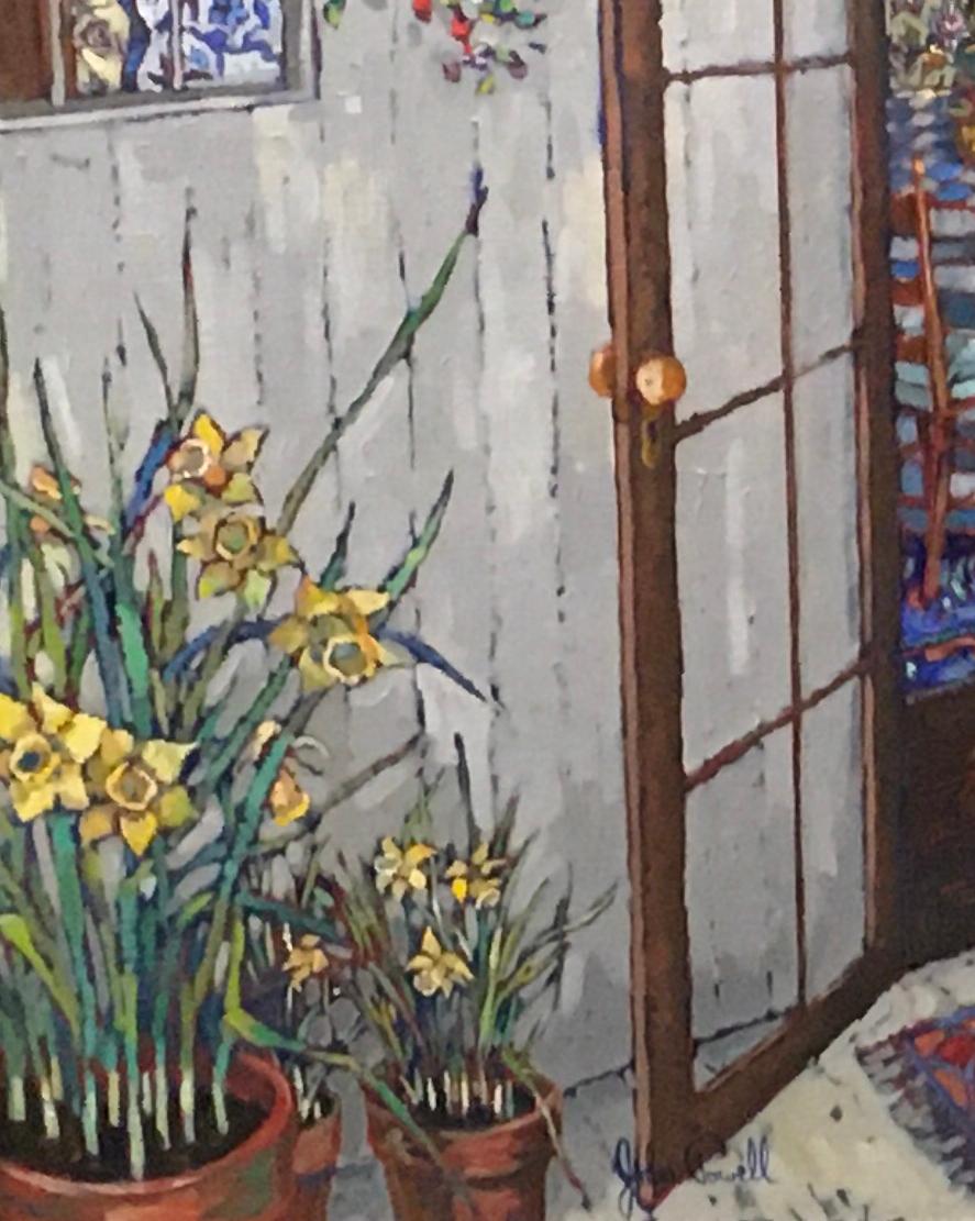 Daffodils et fleurs colorées, porche en osier et paysage du Maine, années 1970, huile/c - Post-impressionnisme Painting par John Powell