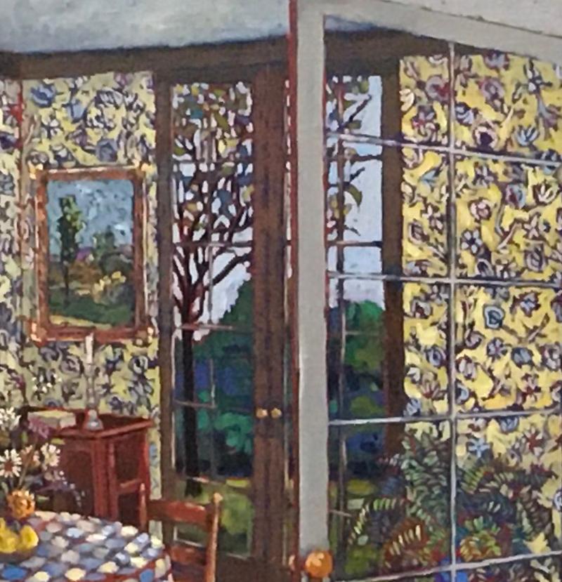 Daffodils & Colorful Flowers Wicker Porch Swing and Maine Landscape 1970s oil/c - Gray Interior Painting by John Powell