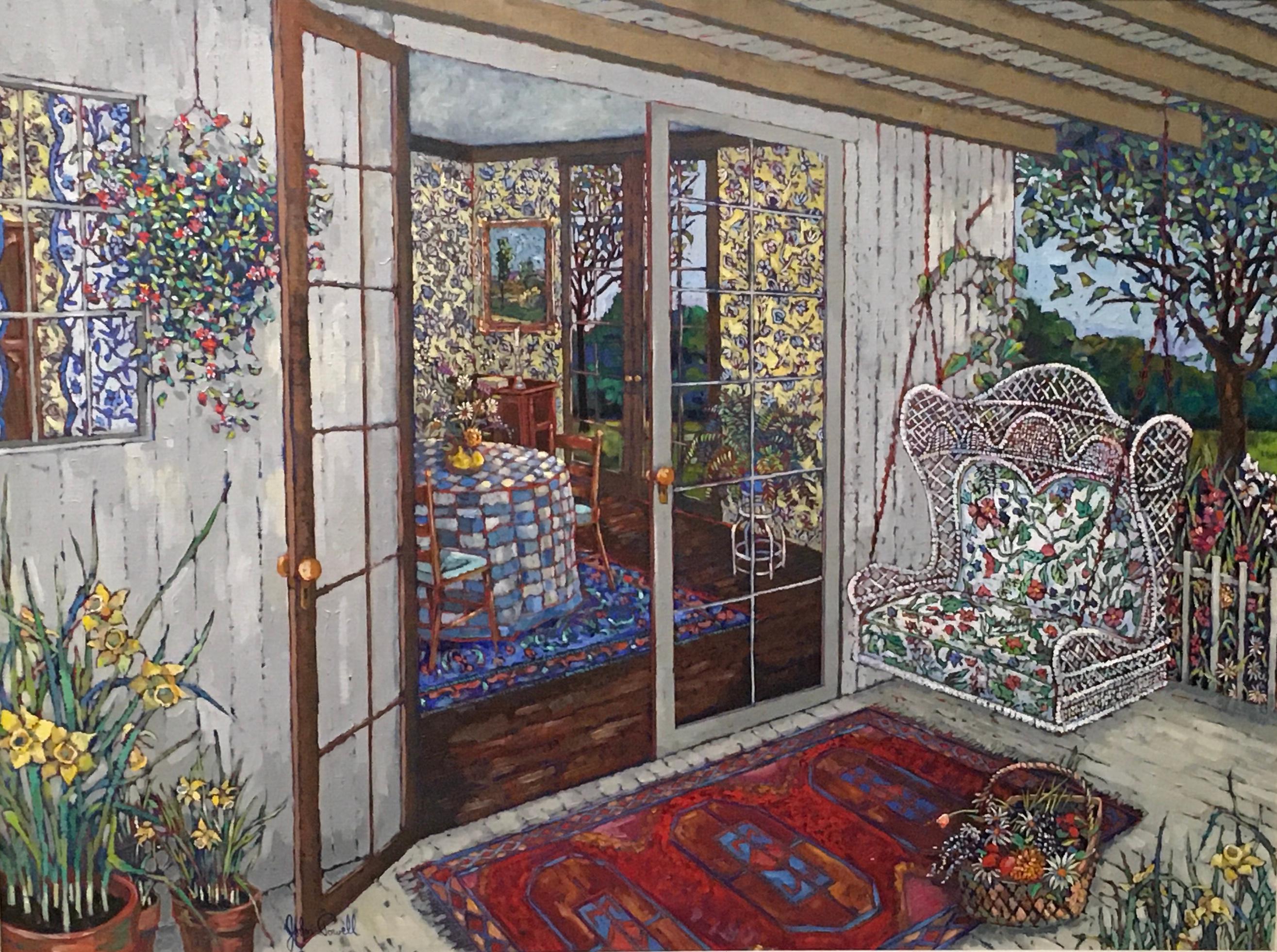 John Powell Interior Painting - Daffodils & Colorful Flowers Wicker Porch Swing and Maine Landscape 1970s oil/c