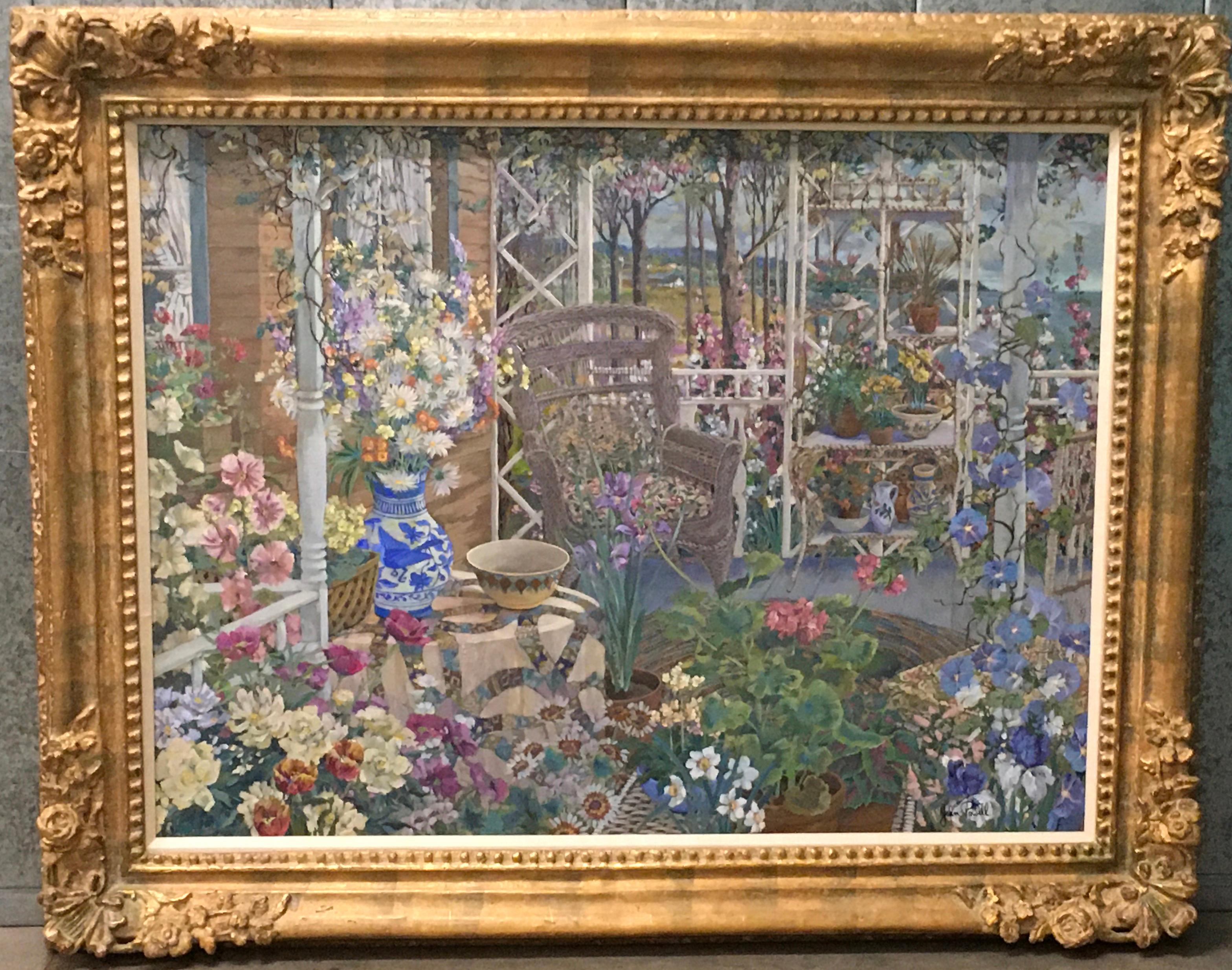 Down East Veranda - Colorful Flowers & Oriental Vase with Maine Landscape - Painting by John Powell