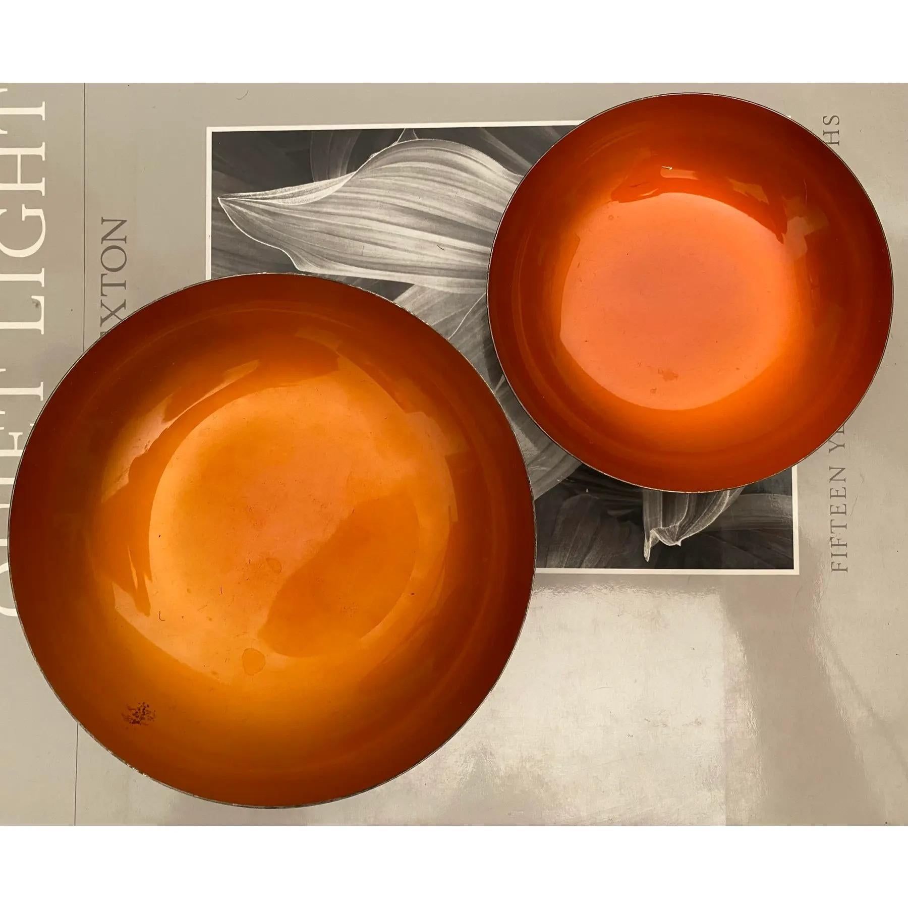 Vivid orange enameled salt cellars / finger bowls designed by John Prim. engraved 