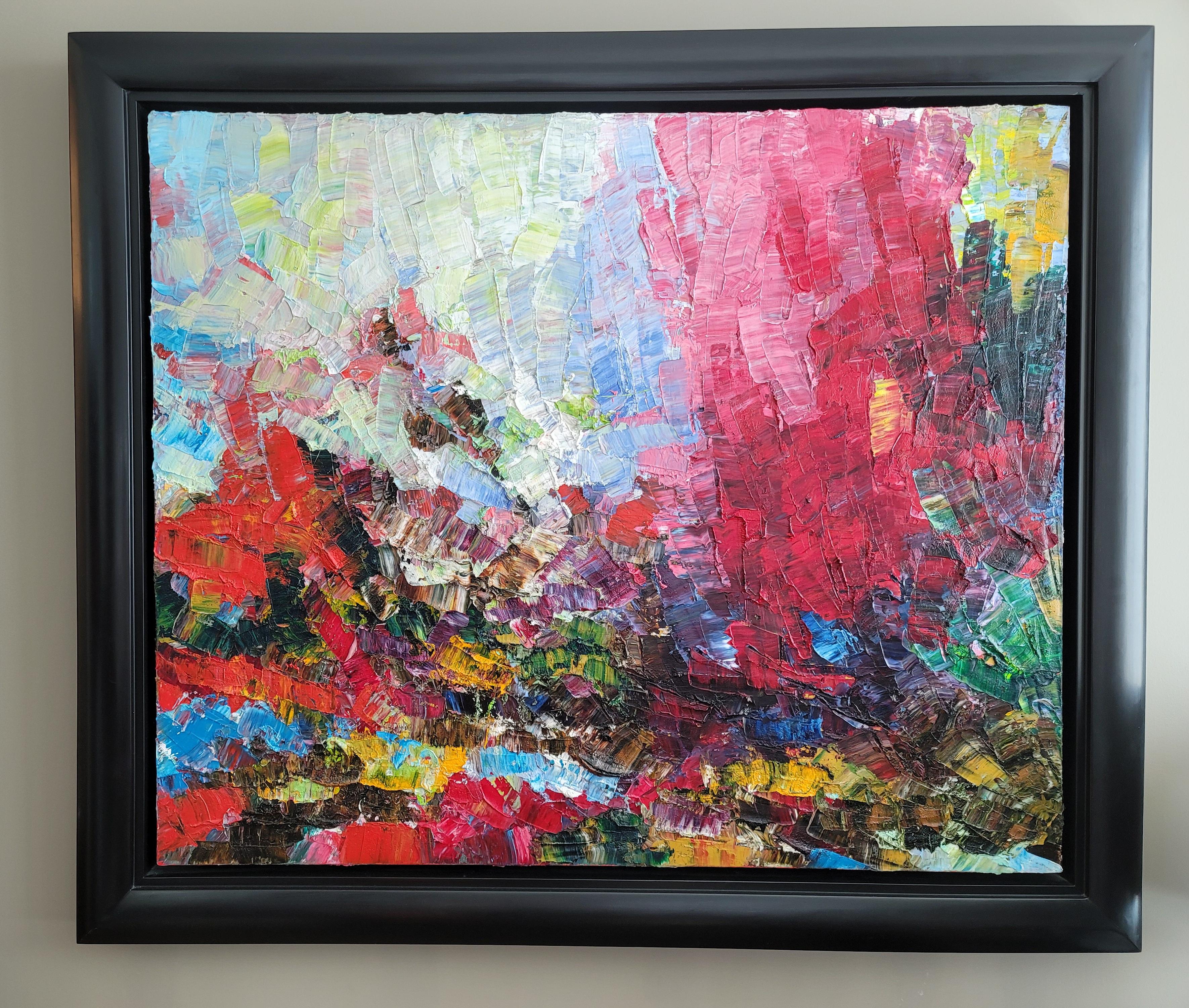 Framed Oil on Canvas Painting, Rouge et Blanc No. 5 (2005) by John R. Barkley (1964-) Canadian artist, known for his Abstract Paintings. His signature is on the back in two places: on the canvas and the wooden backing. Unframed 20” x 16” Framed
