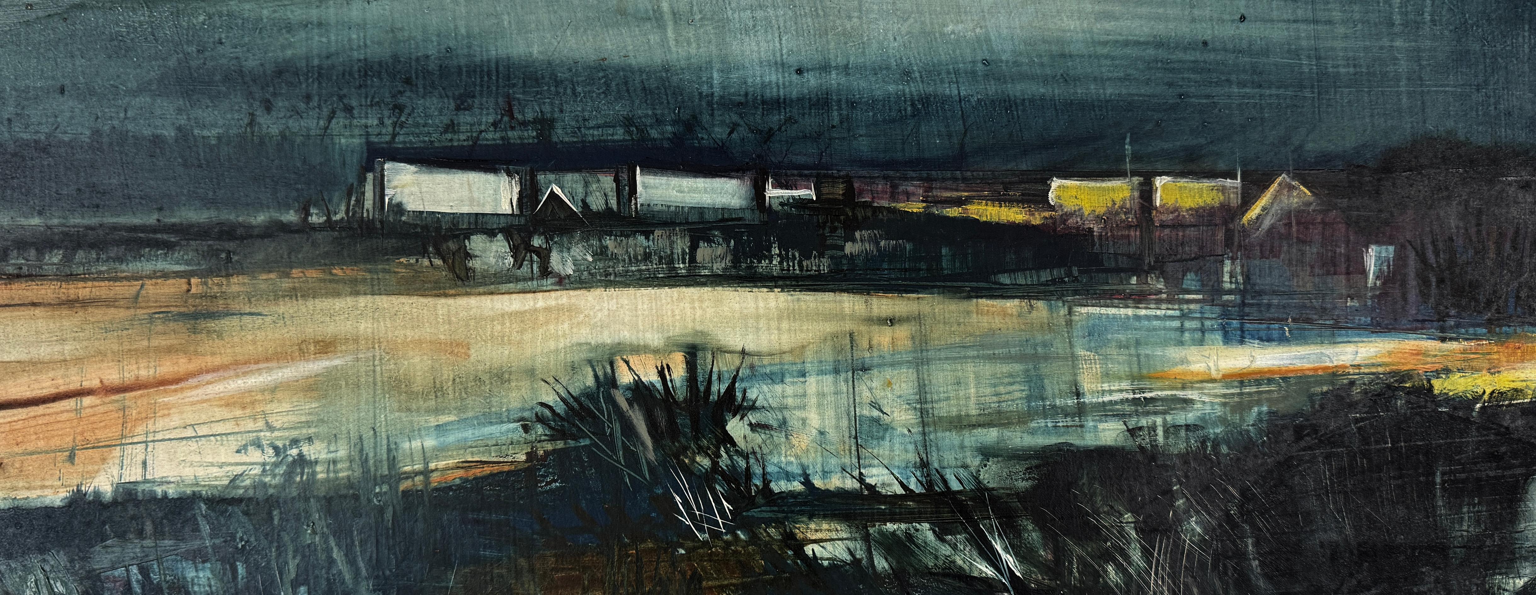 Ouragan dans l'après-midi Huile originale
Regard moderniste sur l'arrivée d'un Artistics par l'artiste de Pennsylvanie John R. Fell (américain/anglais, 1917-2009) 
Image 18 