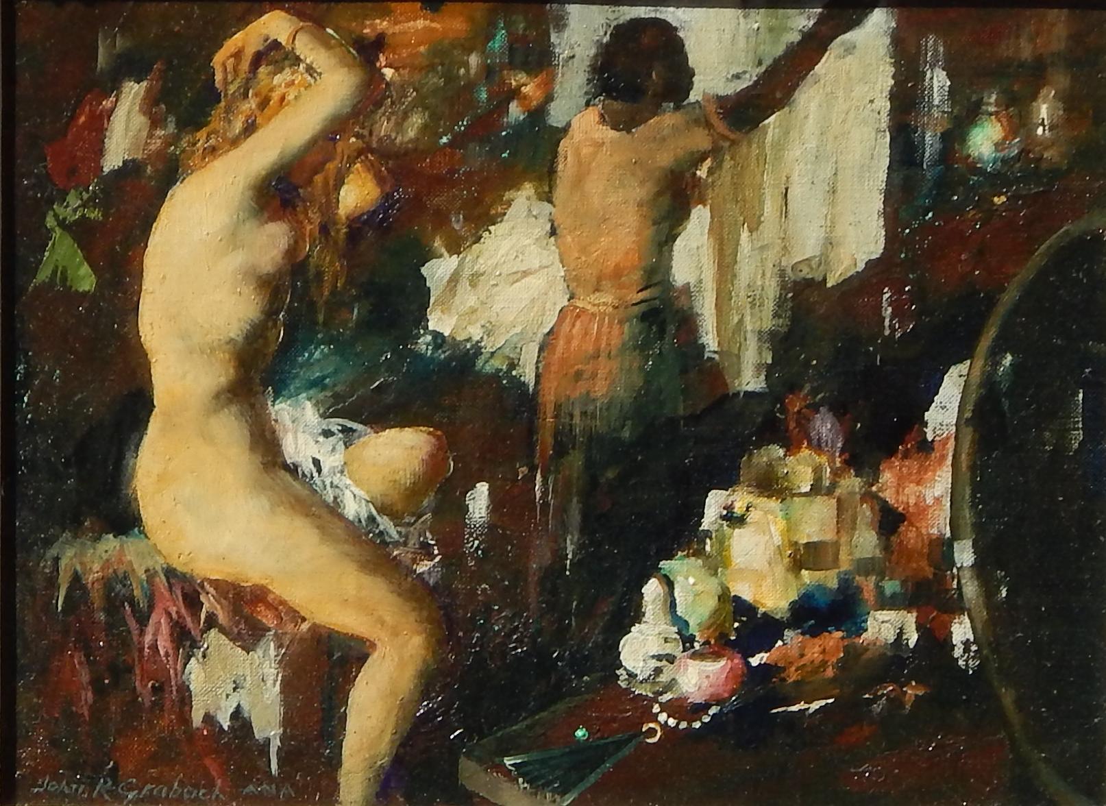 John R. Grabach Oil Painting, circa 1940s, Woman Fixing Her Hair For Sale 1