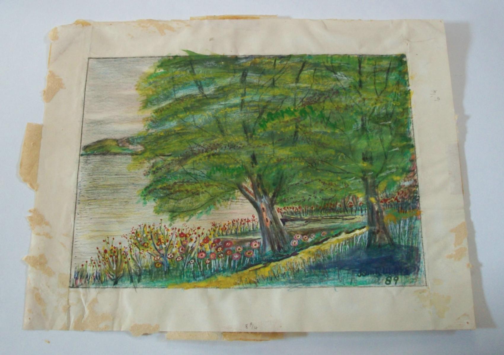 JOHN R. WATTS, Folk Art Watercolor & Gouache Landscape Painting, U.S., C.1889 In Good Condition For Sale In Chatham, ON