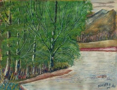 JOHN R. WATTS, peinture d'art populaire à l'aquarelle et à la gouache de paysage, États-Unis, vers 1890