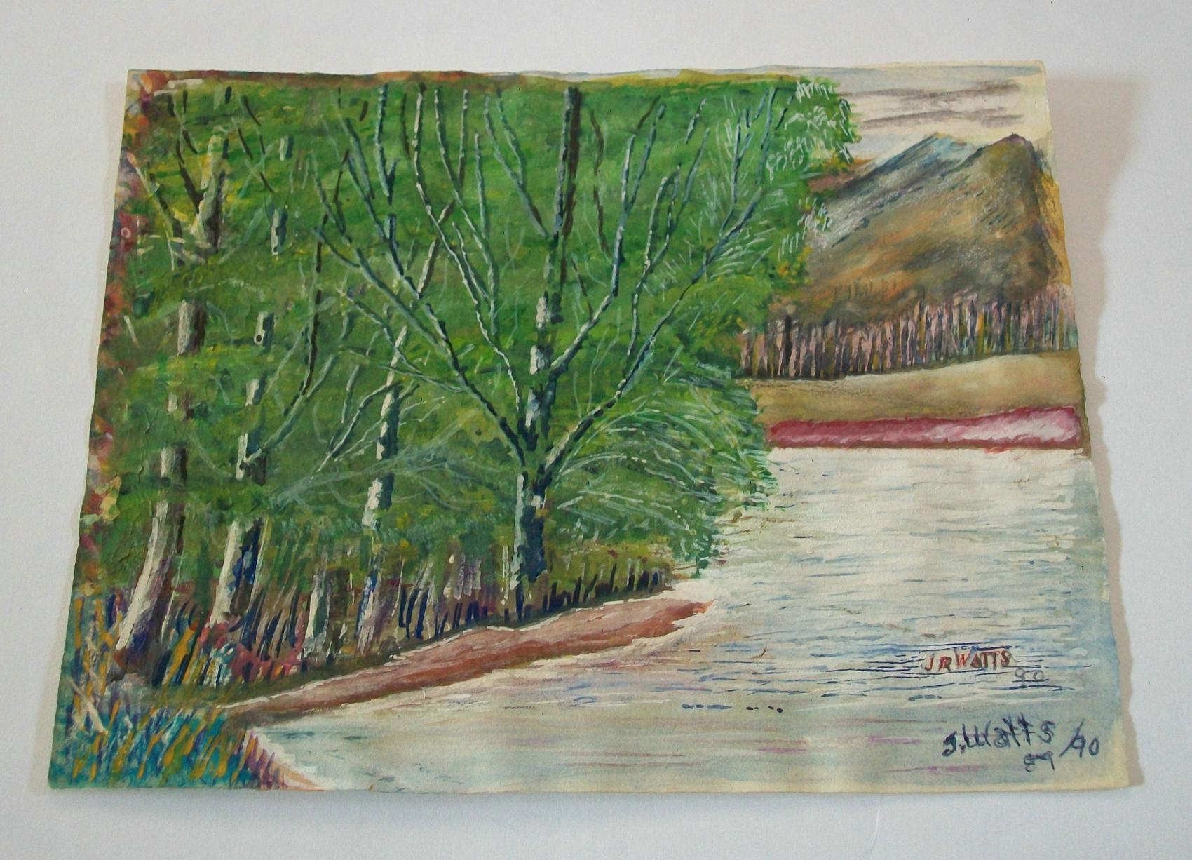 JOHN R. WATTS, Folk Art Watercolor & Gouache Landscape Painting, U.S., C.1890 In Good Condition For Sale In Chatham, ON