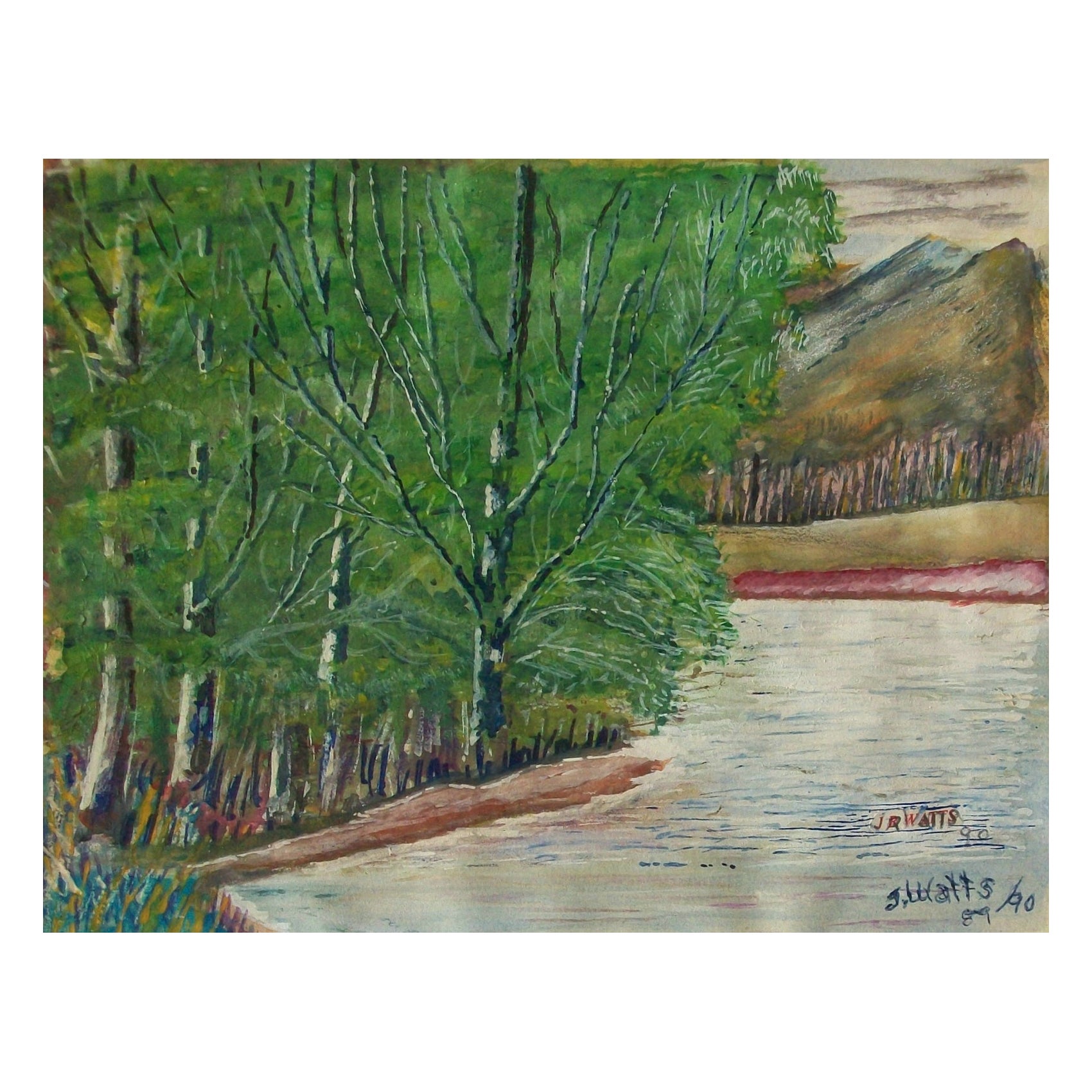 JOHN R. WATTS, Folk Art Watercolor & Gouache Landscape Painting, U.S., C.1890