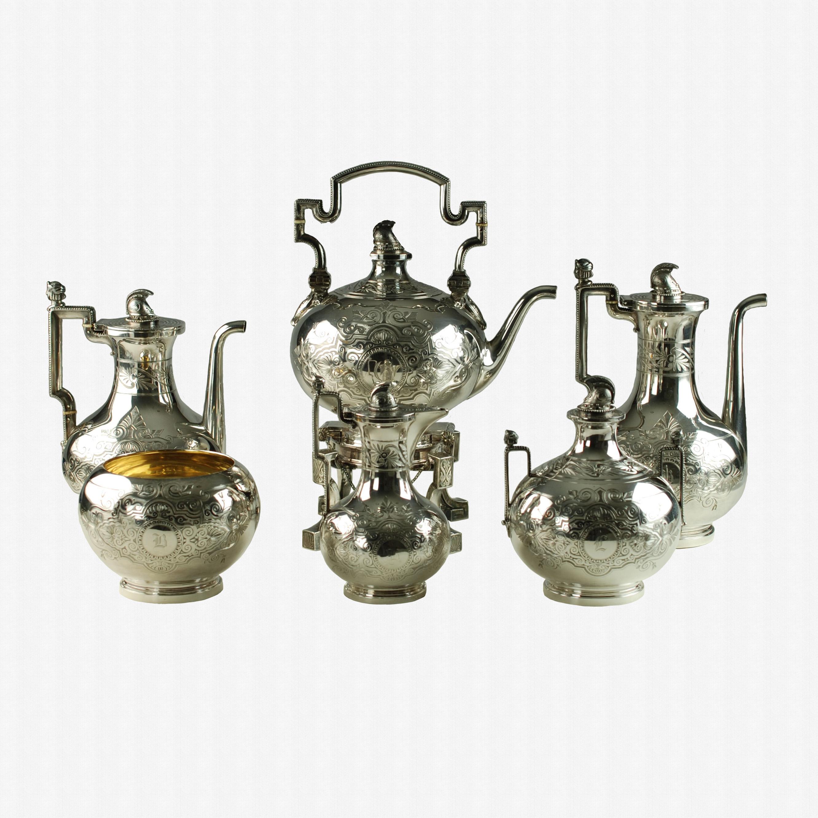 John R Wendt for Ball Black & Co Seven-Piece Medallion Sterling Tea & Coffee Set For Sale 1