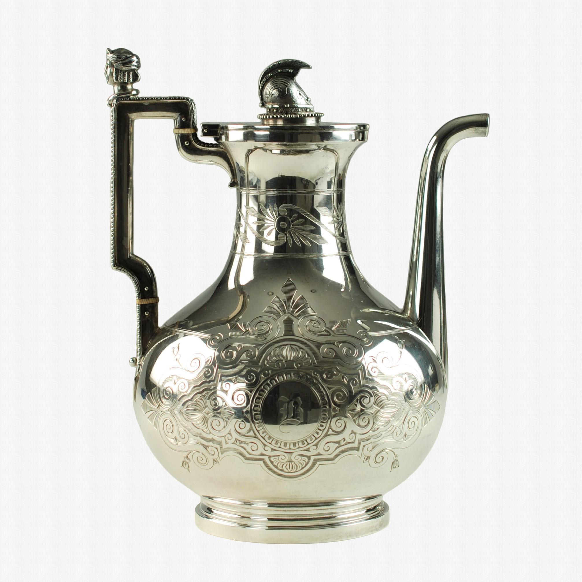 This neoclassical sterling silver tea and coffee set was designed by renowned 19th century silversmith, John R. Wendt (1826-1907). Recognized as 