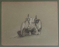 British Chalk Pencil Sketch of A Bull Lying Down