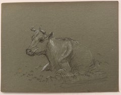 Britische Kreide Bleistiftskizze eines Close Up Kuh Posed Lying On The Grass