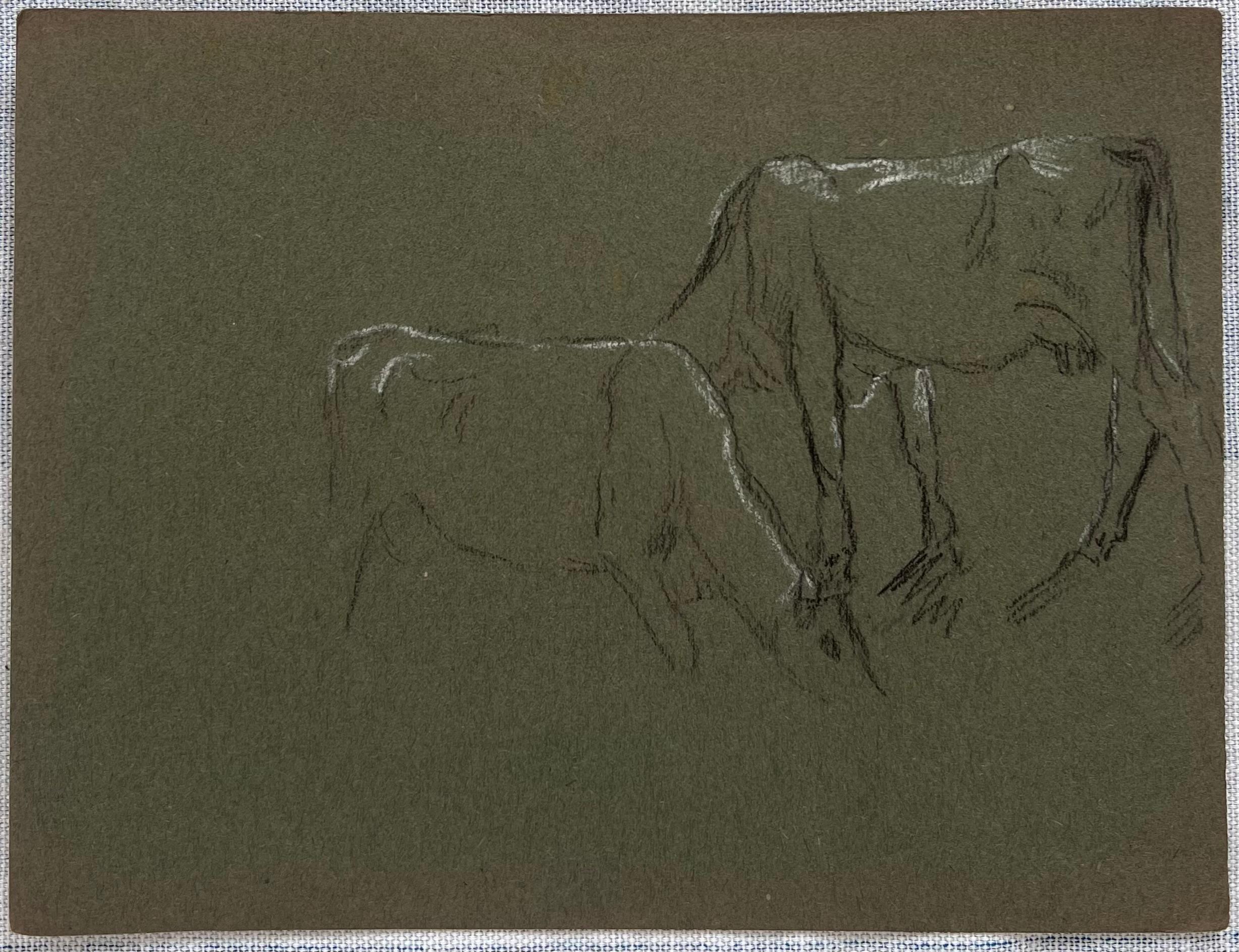 British Chalk Pencil Sketch of A Cow and Their Calf Munching on Grass - Painting by John Rabone Harvey