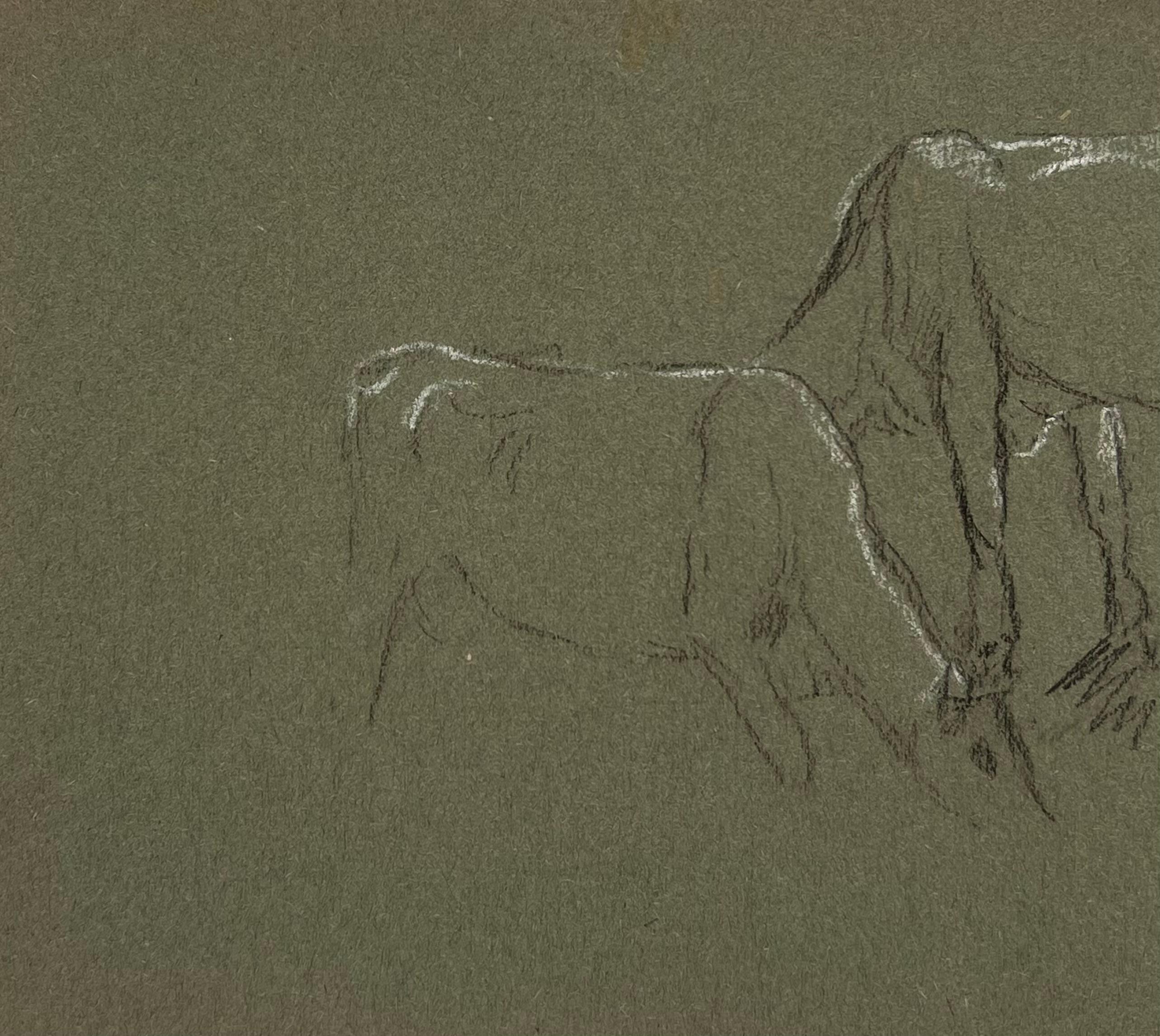 British Chalk Pencil Sketch of A Cow and Their Calf Munching on Grass - Realist Painting by John Rabone Harvey