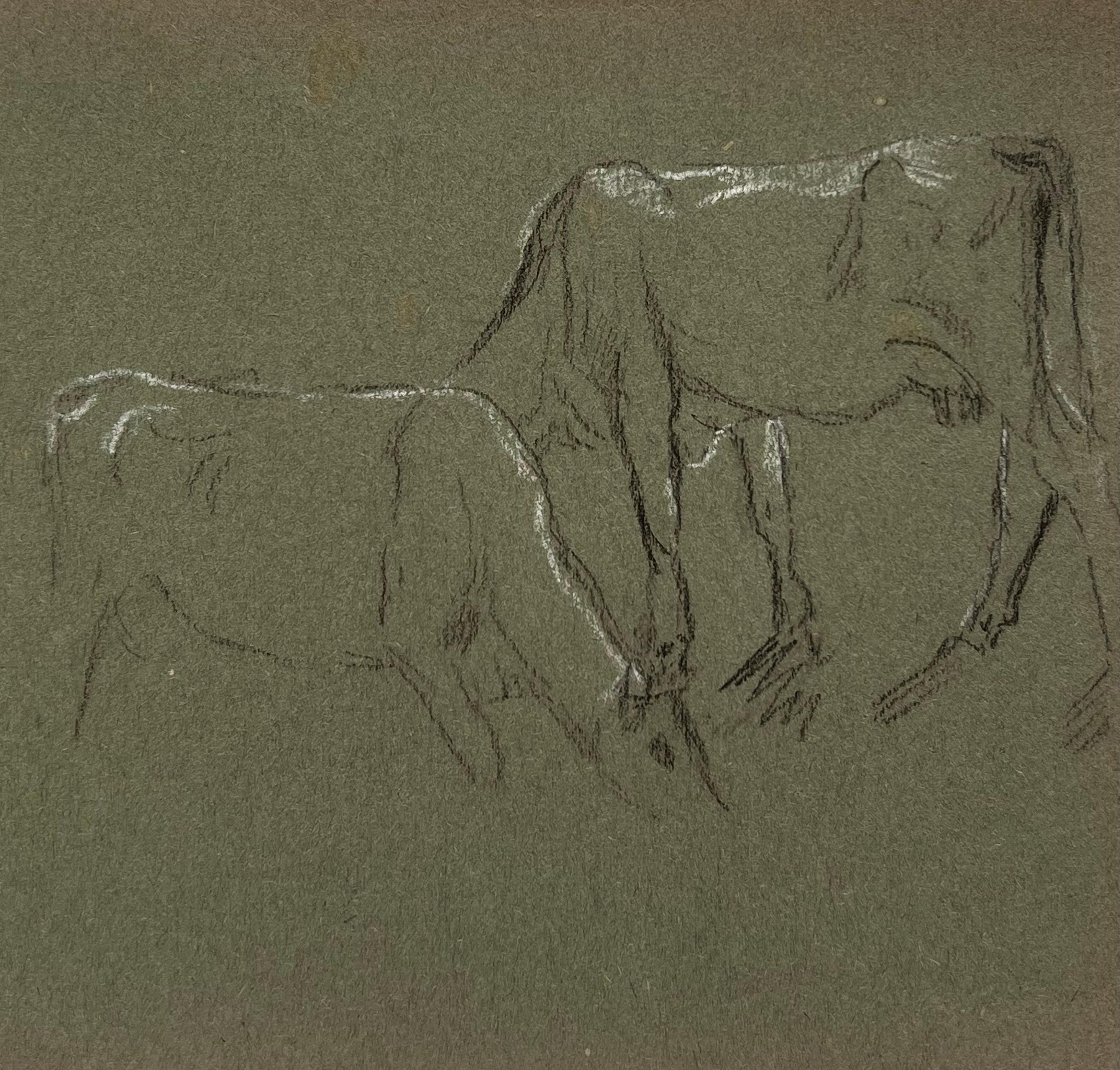 British Chalk Pencil Sketch of A Cow and Their Calf Munching on Grass - Black Figurative Painting by John Rabone Harvey