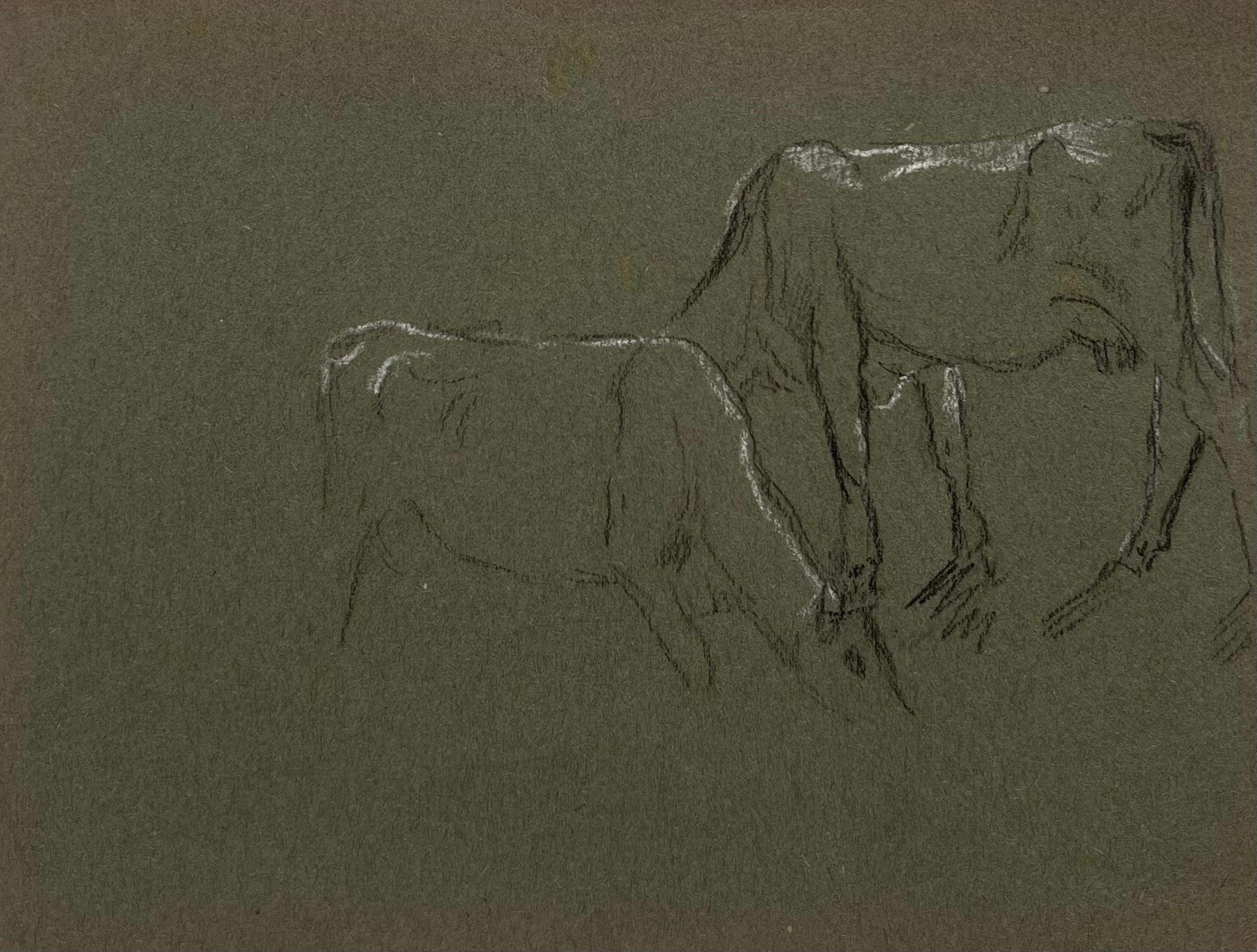 British Chalk Pencil Sketch of A Cow and Their Calf Munching on Grass
