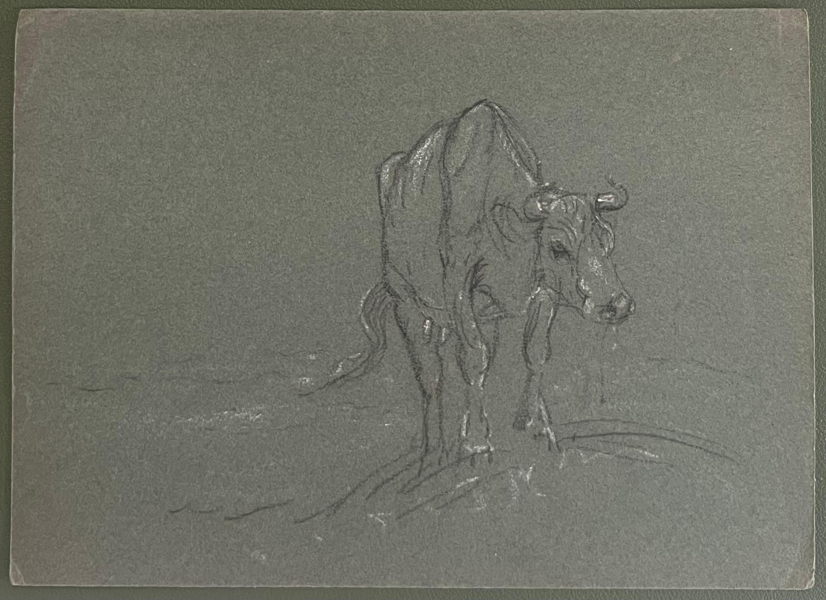 British Chalk Pencil Sketch of a Cow Climbing The Hill To Water - Painting by John Rabone Harvey