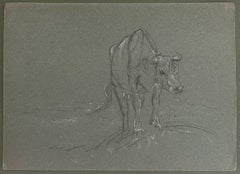 Esquisse à la craie d'une vache gravissant la colline pour aller chercher de l'eau