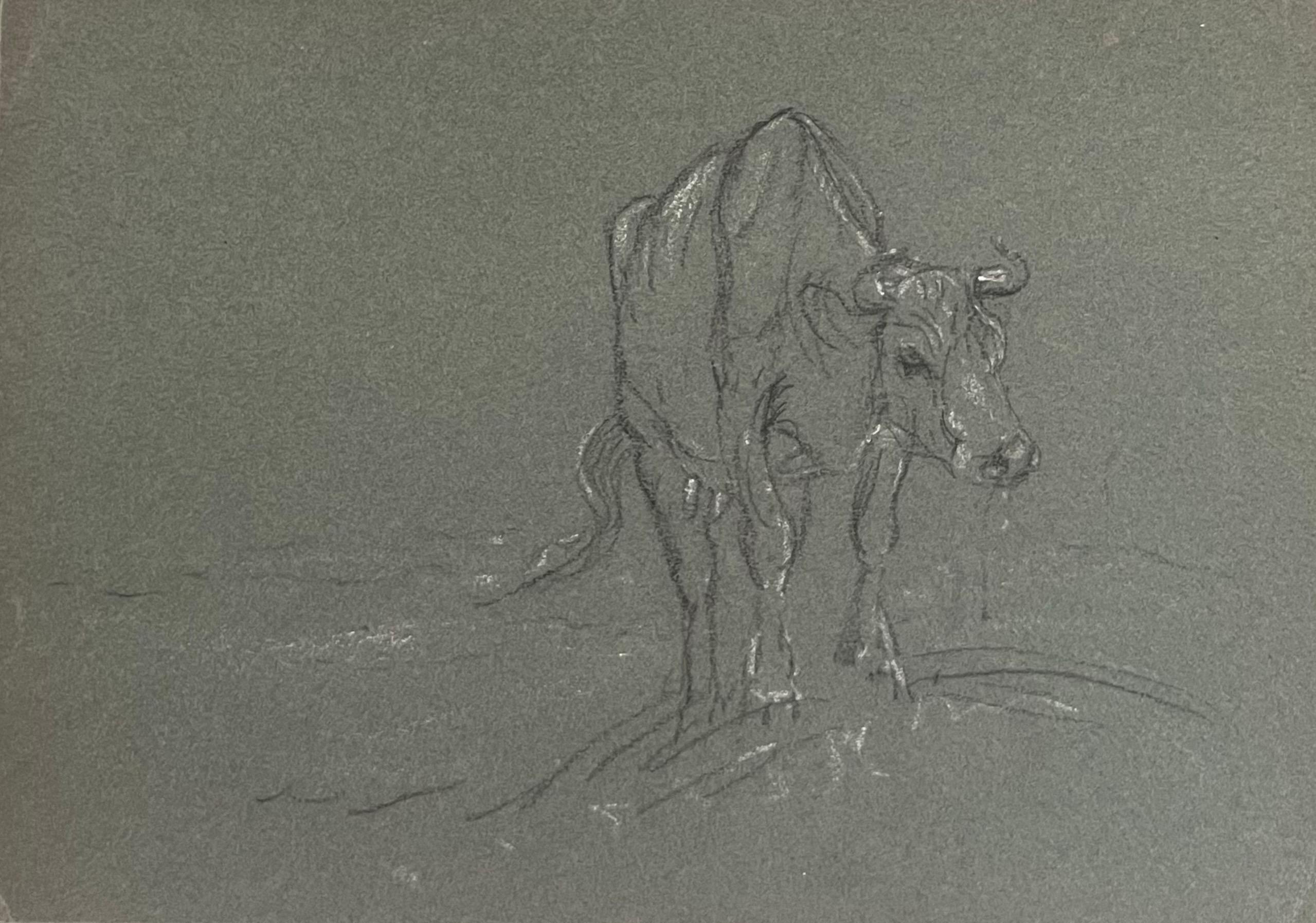 British Chalk Pencil Sketch of a Cow Climbing The Hill To Water - Realist Painting by John Rabone Harvey