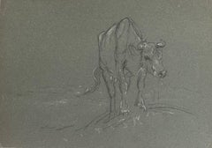 Schizzo a matita di gesso britannico di una mucca che si arrampica sulla collina per andare ad abbeverarsi
